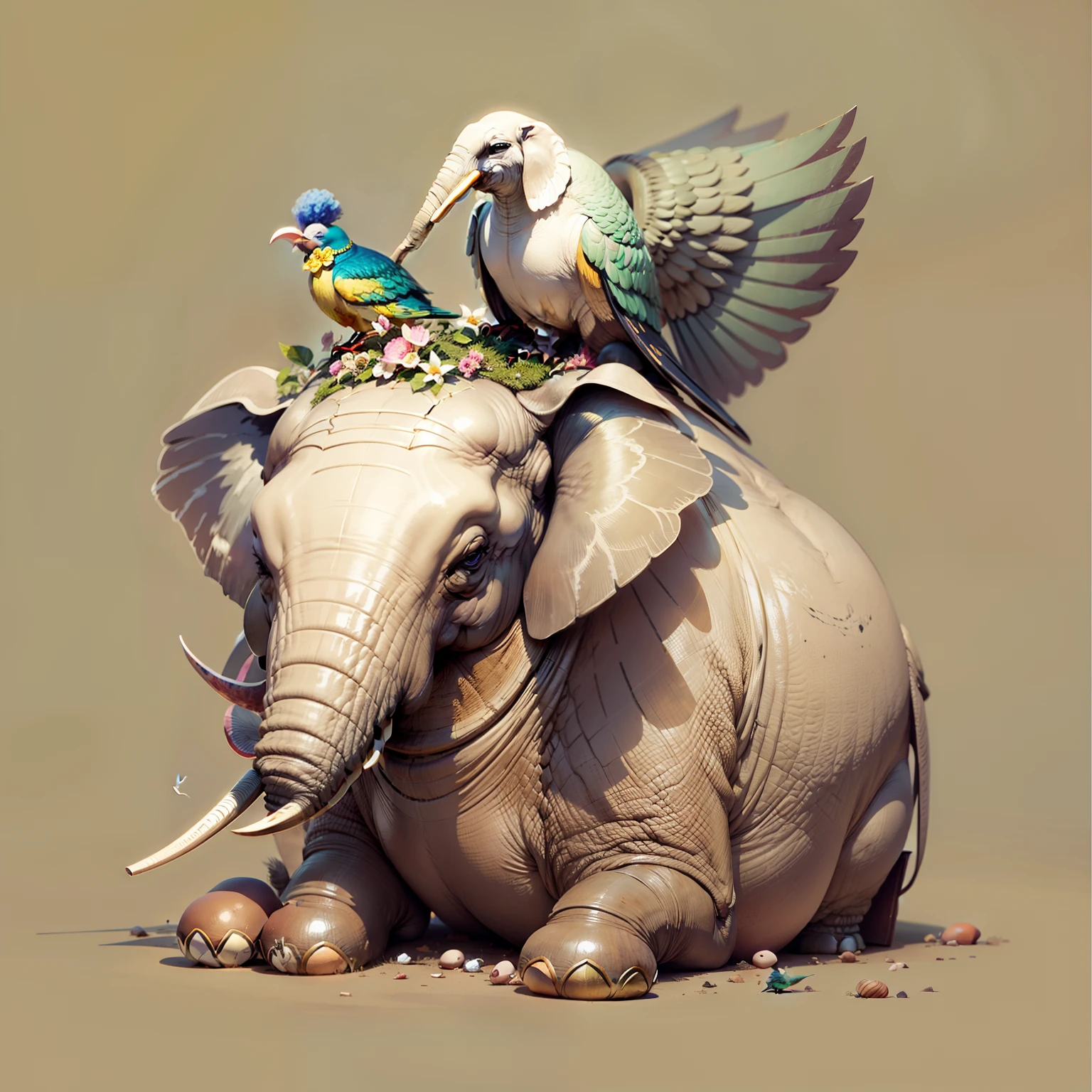 Elephant with bird wings, with egg bench on head, punk