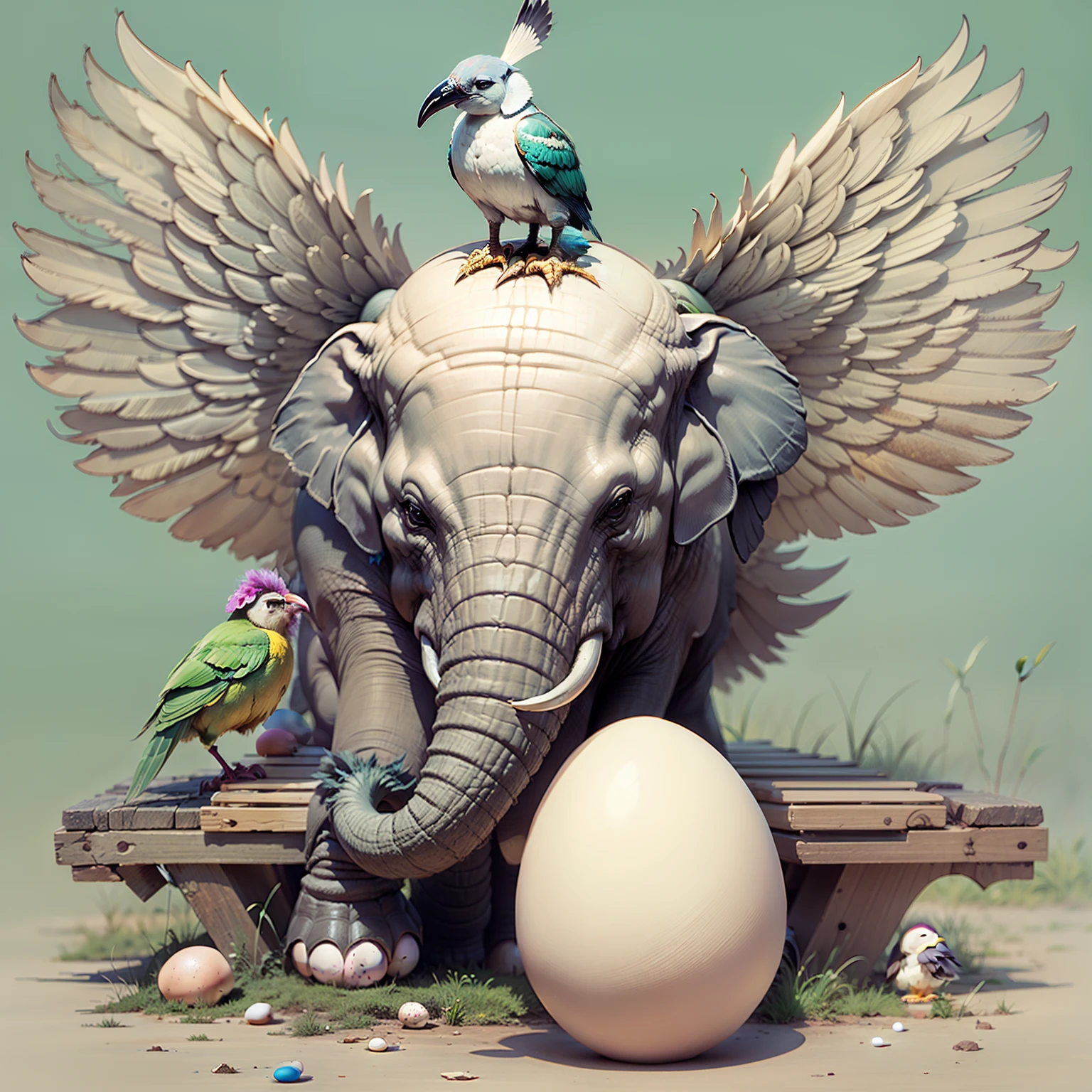 Elephant with bird wings, with egg bench on head, punk
