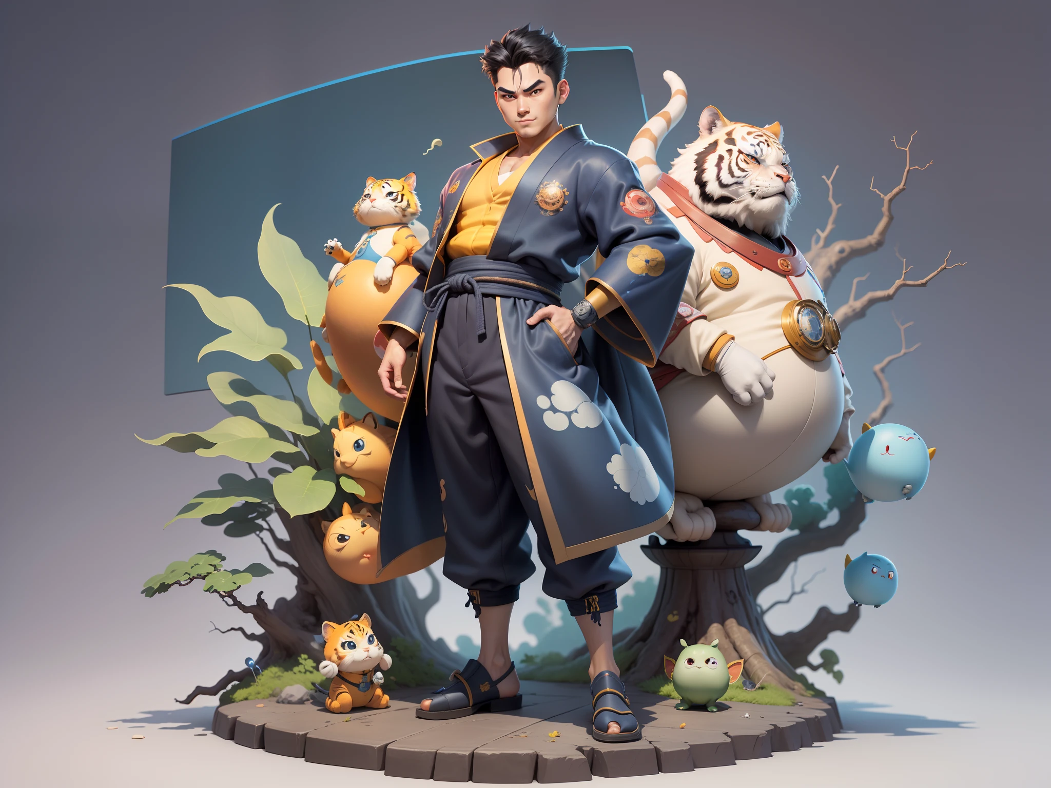 (Masterpiece), (Excellent), (Super Meticulous), (Full Body: 1.2), Super Young Man, Oriental Face, Japanese Kimono, Japanese Wind Thunder God, Dragon, Tiger, TV Anchor, Bust Portrait Illustration, Alone, Black Suit, Blue Tie, Slightly Chubby Face, Very Clean Face, No Beard, Black Super Short Hair, Black Eyes, Confident Smile, 3c Computer Sub-Products, iPad, iPhone, Digital Painting, 3D Character Design by Akira Toriyama and Mark Claireden and Pixar and Hayao Miyazaki, The illustration is a high-definition illustration in 4K resolution with very detailed facial features and cartoon-style visuals.