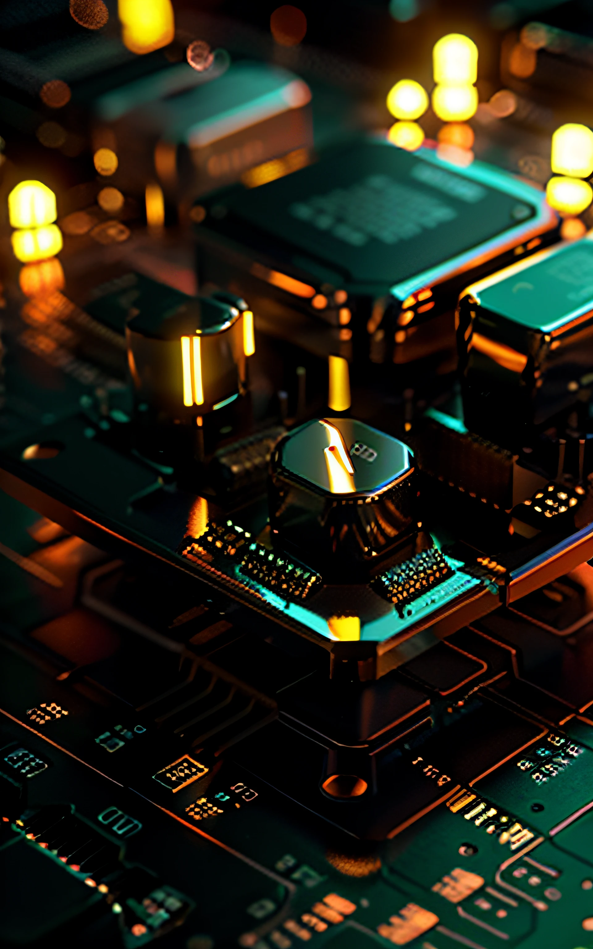 Orange tone,computer chip,product closeups,photography closeups,cinematic rendering,C4D,blender,3D,ultra-high definition texture details,resistors,Special Effects,(Luminous line converging towards the middle:1.2),Container_building