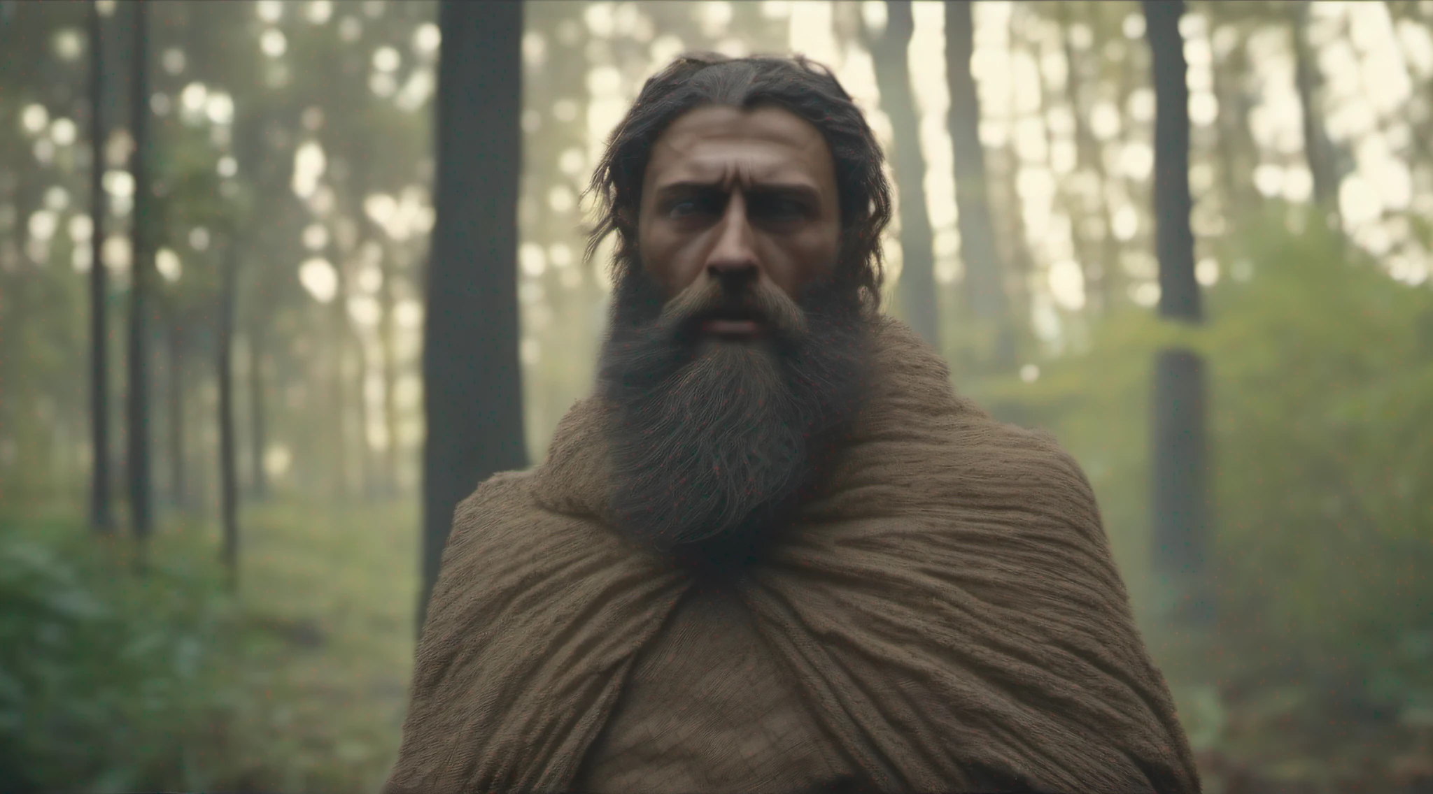 Nebuchadnezzar of Babylon dressed in ragged sackcloth and with a beard mistreated and in the middle of the forest like an animal, photorealistic, 4k, wide angle