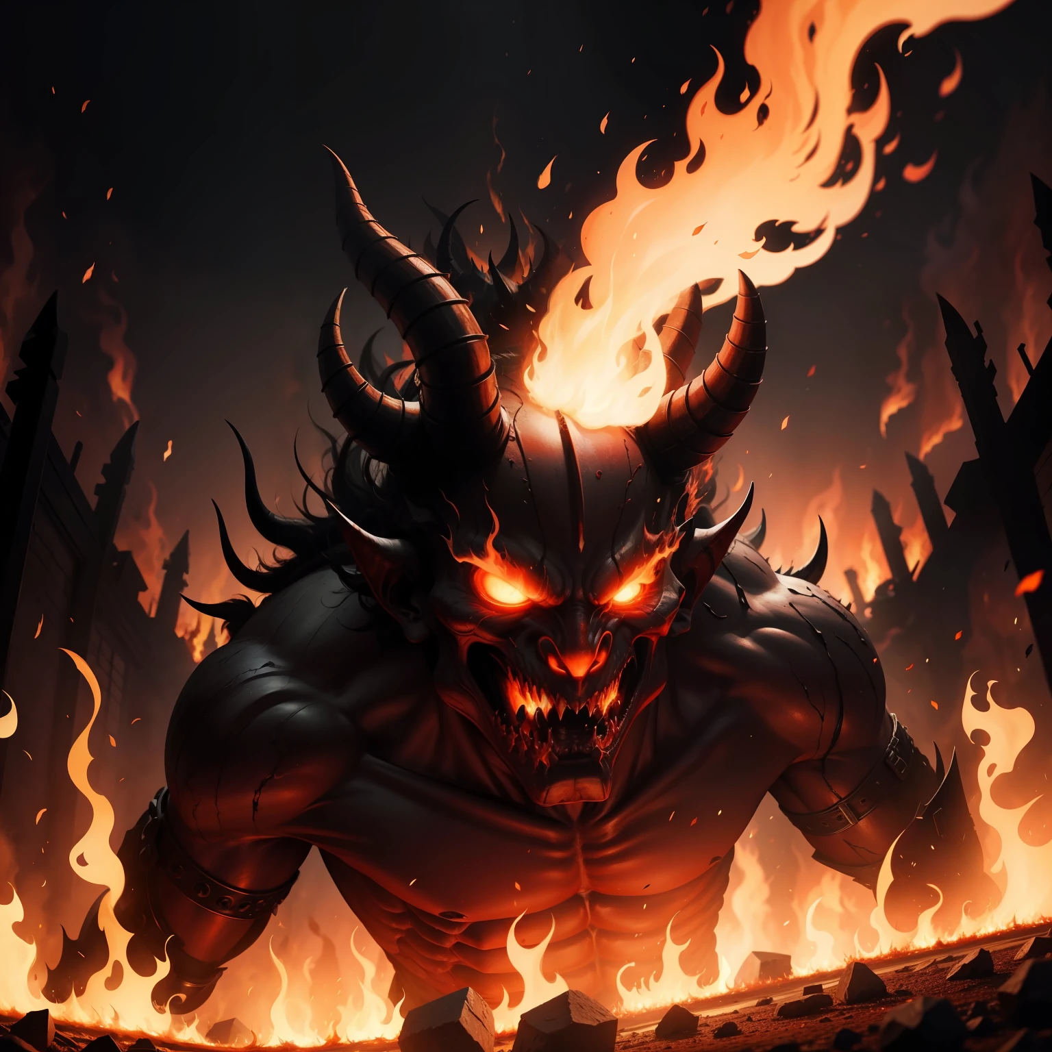 Devil in Hell with an army of demons surrounding a hyper realistic burning fire