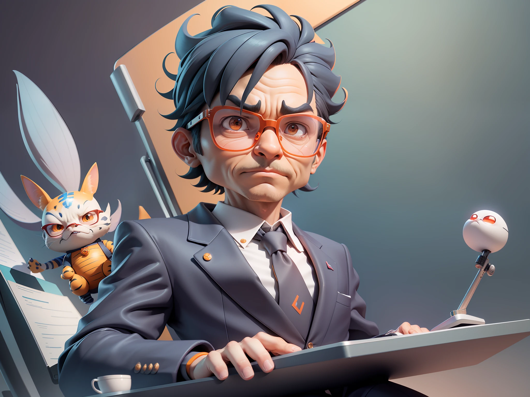 A young man in a suit, Short hair and glasses sat at his desk,holding laptop,digitial painting,tigre,3D character design by Mark Clairen and Pixar and Hayao Miyazaki and Akira Toriyama,4K HD illustration,Very detailed facial features and cartoon-style visuals。