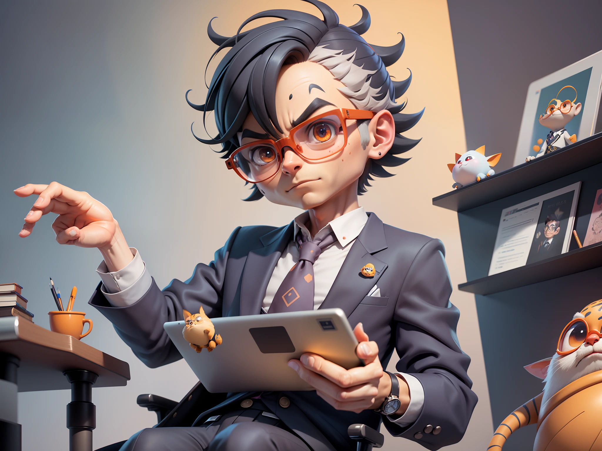 A young man in a suit, Short hair and glasses sat at his desk,holding laptop,digitial painting,tigre,3D character design by Mark Clairen and Pixar and Hayao Miyazaki and Akira Toriyama,4K HD illustration,Very detailed facial features and cartoon-style visuals。
