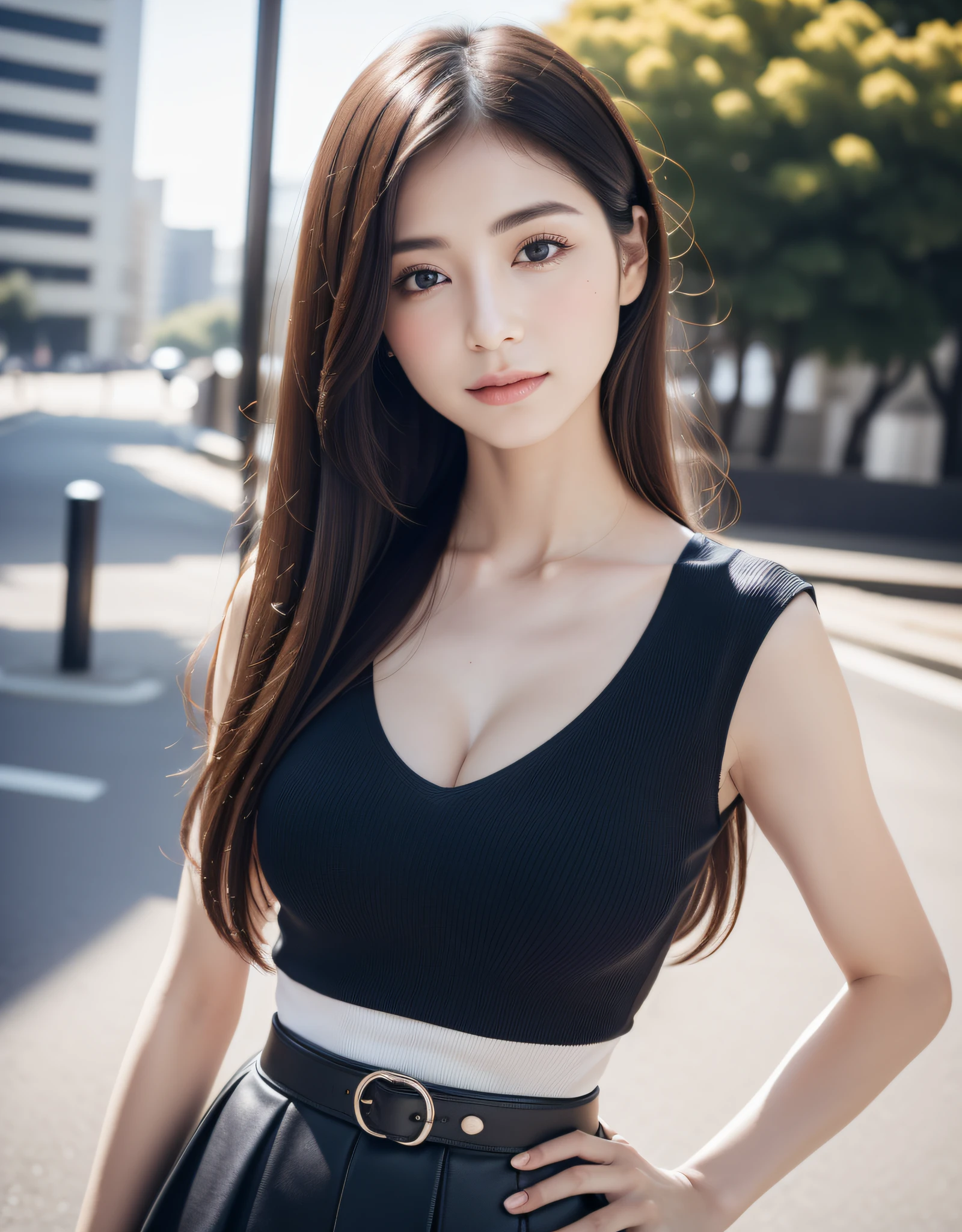 best quality, white skin, real human skin, (detailed face), oval face, pores, ultra high res, (8k, RAW photo, photorealistic:1.4), 1girl, slim, (large-breast:1.37, cleavage), (looking straight at viewer with a serene and goddess-like happiness:1.2, stylish model posing:1.3, arms behind back), (lifter gloss, eyelashes, gloss-face, best quality, ultra highres, Broad lighting, natural shading), lovely look, (black V-neck T-shirt:1.3, high-waist-box-skirt:1.3), cityscape, fashion street venue, arms behind back:1.3, burry background, bokeh, depth of field, (cowboy shot:1.3), centered image, perfect anatomy, perfect proportion,