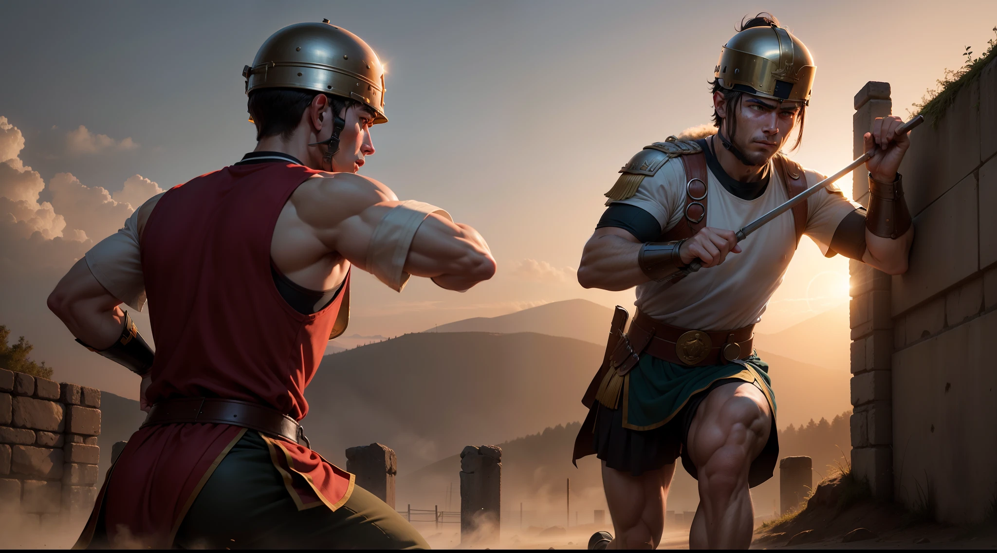 A Roman soldier training with discipline and focus, training at dawn