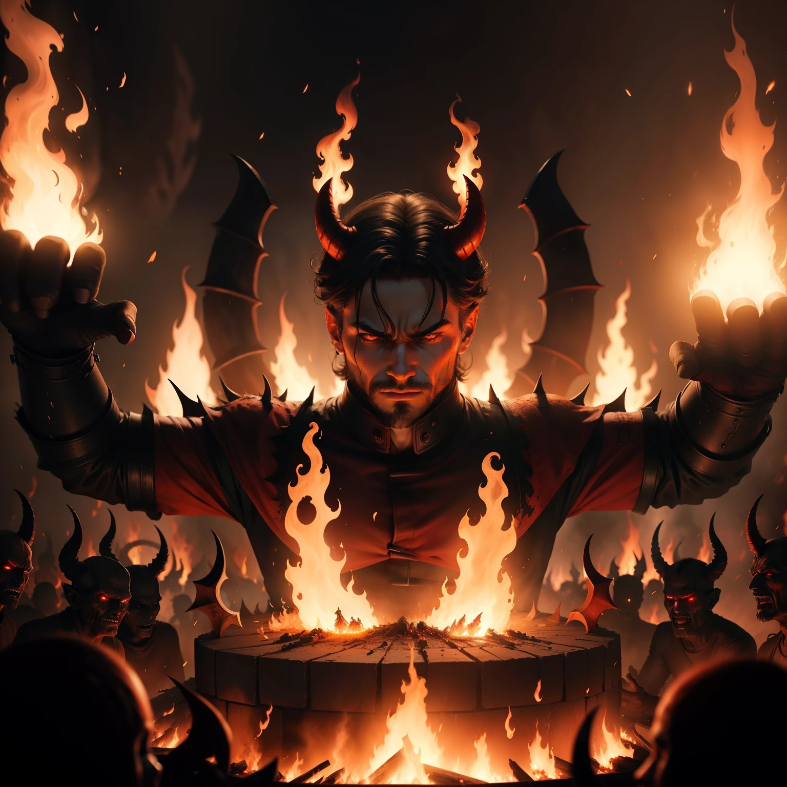 Devil in Hell with an army of demons surrounding a hyper realistic burning fire