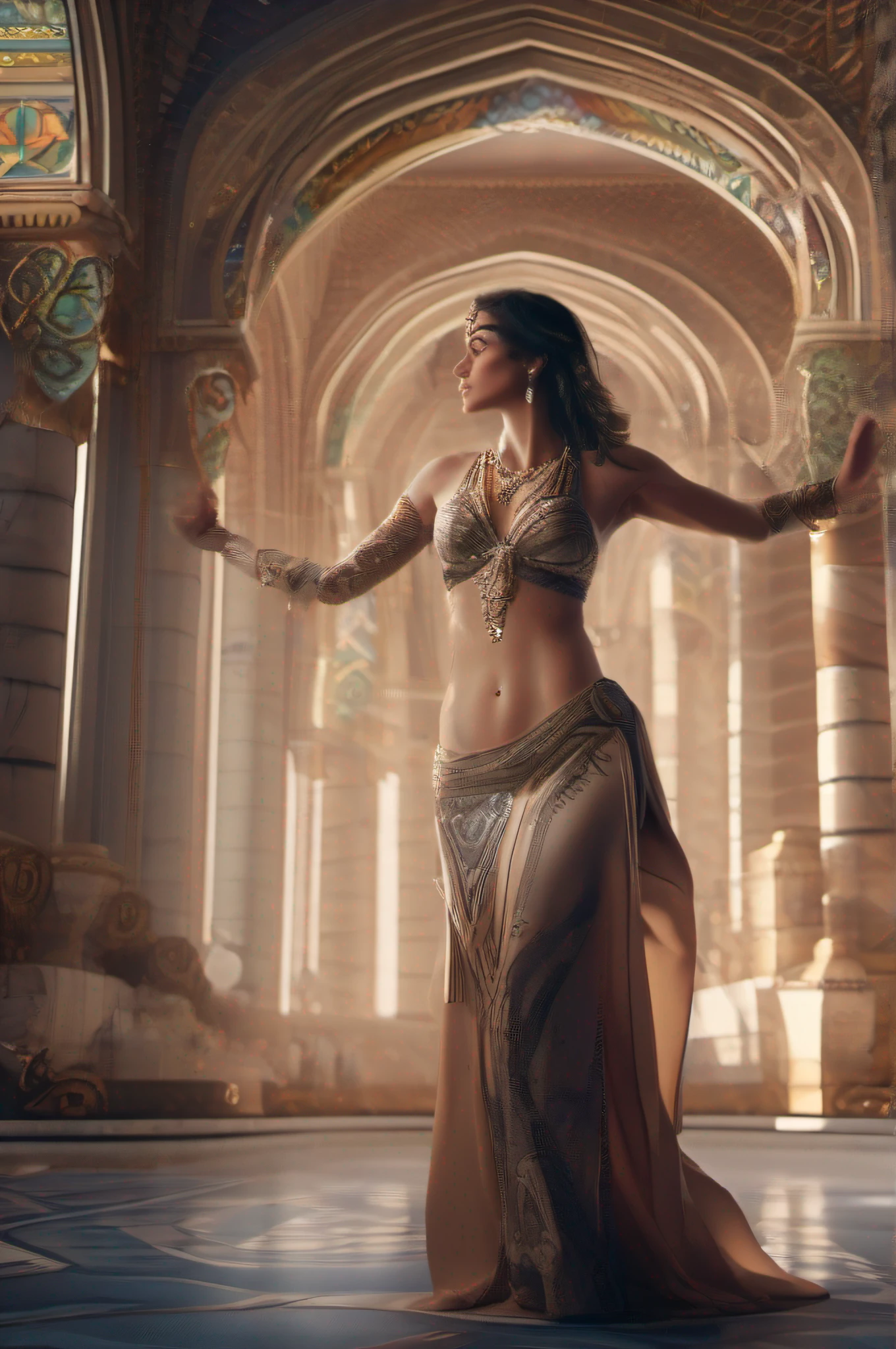 Best quality, masterpiece, ultra high res, (photorealistic:1.4), raw photo, 1girl, DARK hair, shiny skin, WET BODY, dramatic lighting, full body, bitch, micro bikini, huge breasts, cinematic style, a palace with tile art patterns, a sensual belly dancer dressed in fine dress, wonderful jewlery, attractive body lines, people applaud her, breast woman, heroic fantasy world
Cinematic, Photoshoot, Shot on 25mm lens, Depth of Field, Tilt Blur, Shutter Speed 1/ 1000, F/ 22, White Balance, 32k, Super - Resolution, Pro Photo RGB, Half rear Lighting, Backlight, Dramatic Lighting, Incandescent, Soft Lighting, Volumetric, Conte - Jour, Global Illumination, Screen Space Global Illumination, Scattering, Shadows, Rough, Shimmering, Lumen Reflections, Screen Space Reflections, Diffraction Grading, Chromatic Aberration, GB Displacement, Scan Lines, Ambient Occlusion, Anti - Aliasing, FKAA, TXAA, RTX, SSAO, OpenGL - Shader’s, Post Processing, Post - Production, Cell Shading, Tone Mapping, CGI, VFX, SFX, insanely detailed and intricate, hyper maximalist, elegant, dynamic pose, photography, volumetric, ultra - detailed, intricate details, super detailed, ambient, plight, perfecteyes,