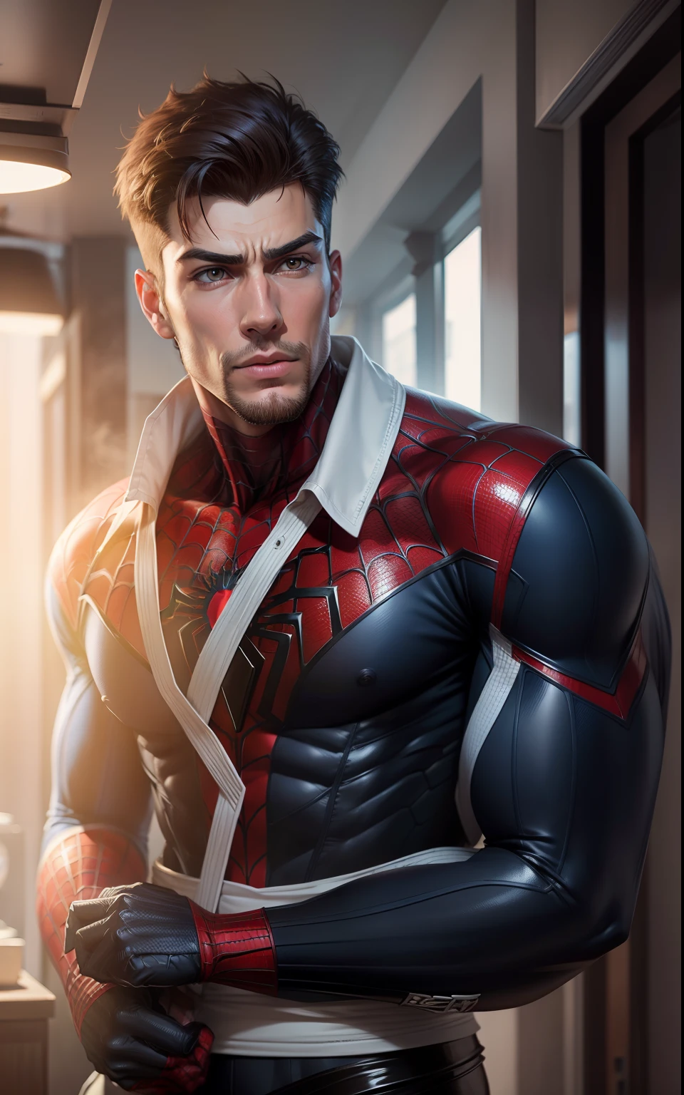 Change baground spiderman handsome boy, realistic face,8k