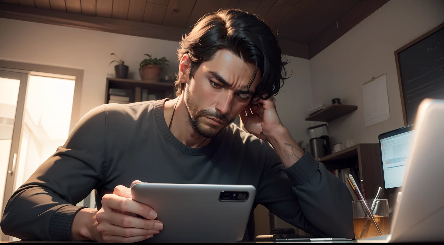 A man calmly resisting looking at his phone, focused on his work