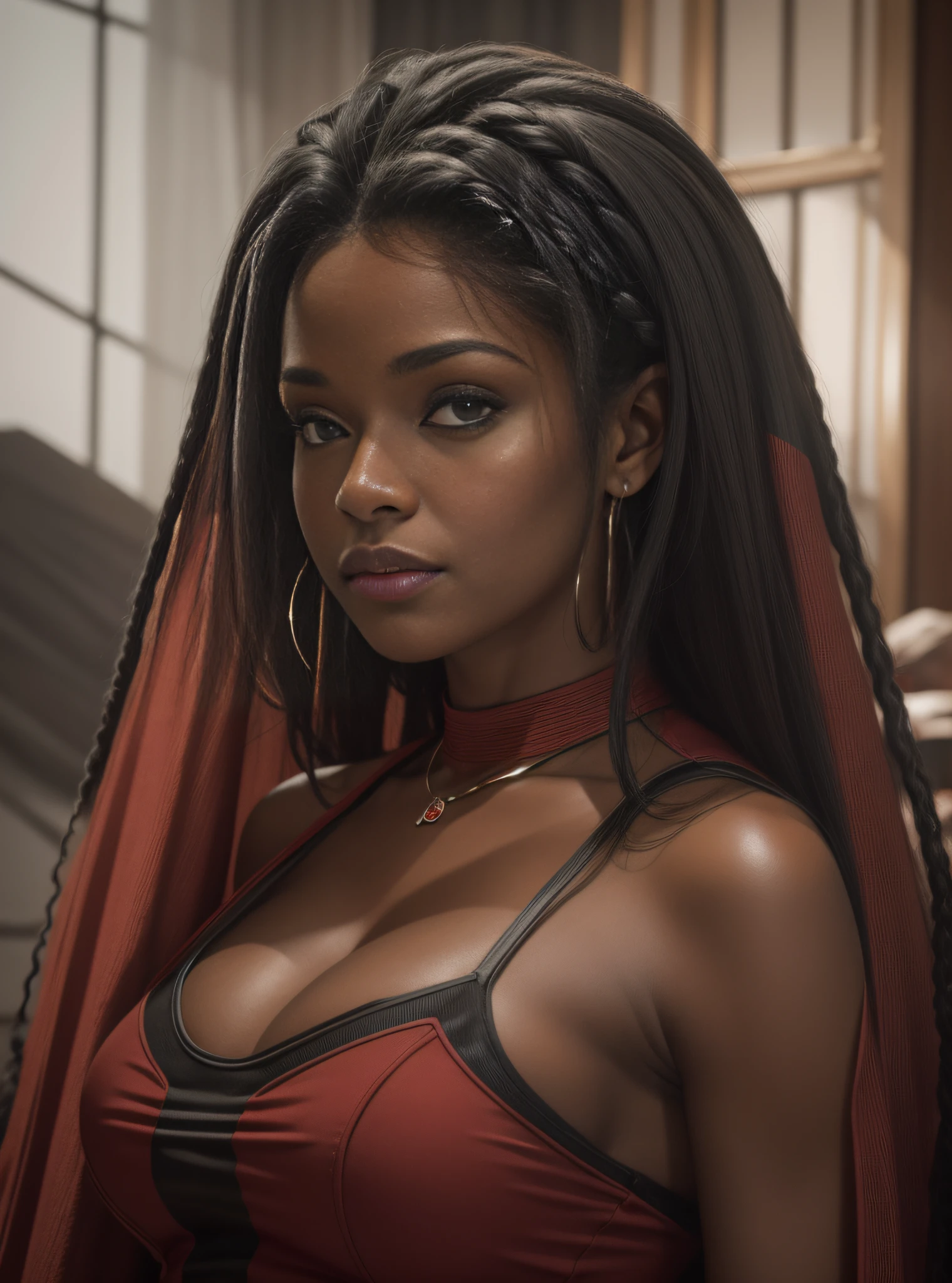 uma mulher negra de 59 anos, cabelo cacheado de roupa vermelha florida, cinematico 8k
