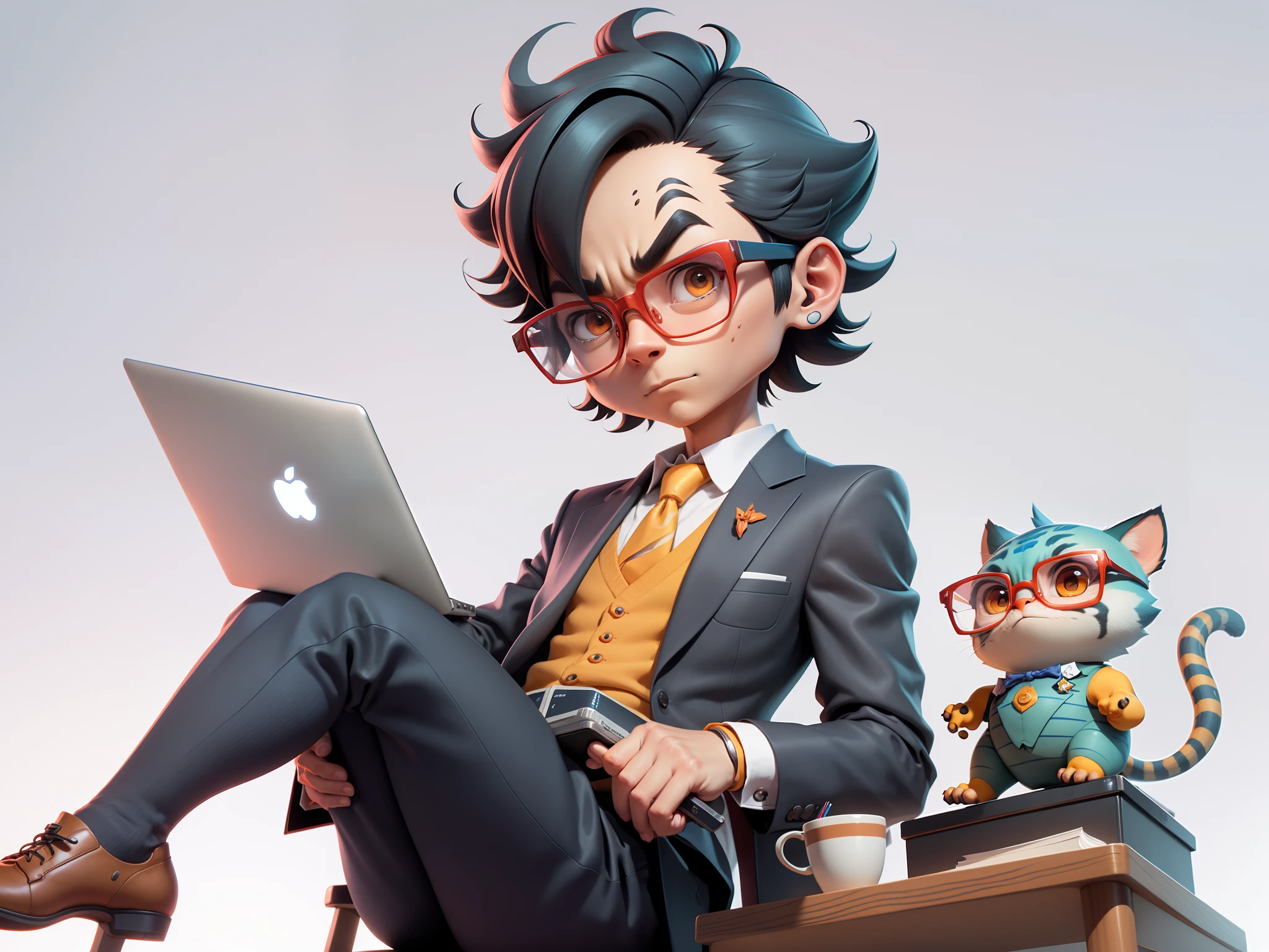 A young man in a suit, Short hair and glasses sat at his desk,holding laptop,digitial painting,tigre,3D character design by Mark Clairen and Pixar and Hayao Miyazaki and Akira Toriyama,4K HD illustration,Very detailed facial features and cartoon-style visuals。