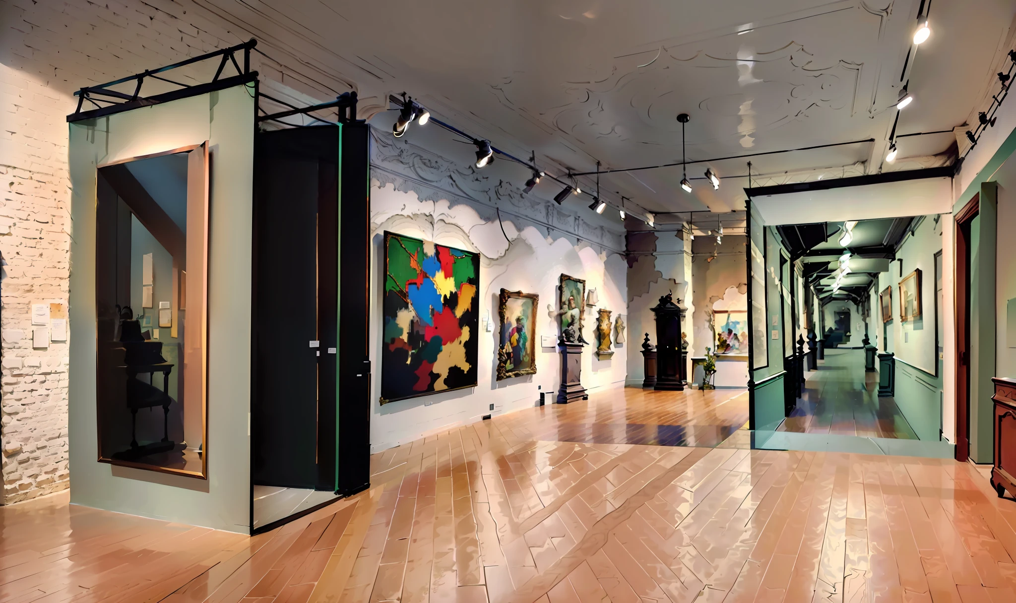 there are many pictures on the wall in this room, museum diffuse lighting, museum photoshot, art gallery, museum exposition, museum setting, contemporary art gallery, art museum, art exhibition, exhibition, in the gallery, photo render, gallery setting, old retro museum exhibition, by Thomas Dalziel, museum photography, photoralistic rendering, in a contemporary art gallery