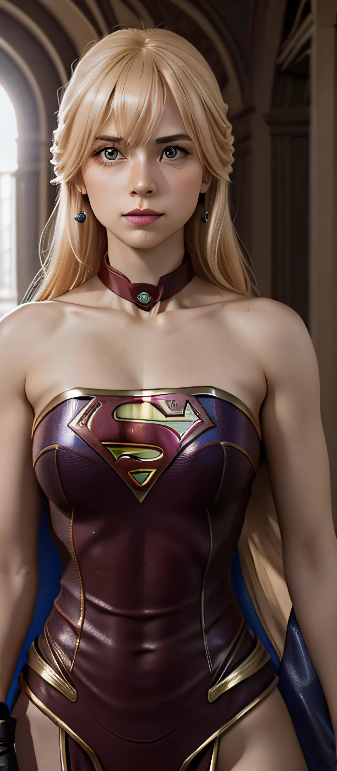 "Obra-prima de arte da Supergirl completa, alta qualidade, ultra detalhado em 4k, 8k, alta resolução, foto hiper-realista, hiperdetalhada, textura realista da pele negra, incredible shadows, textura extremamente detalhada, perfect  lighting, High-level image quality." A female superheroine, inspired by x-man, Fair skin, blond hair, olhos azuis delineados, rosto delineado, bracelete, Full body, Nice super hero clothes, in the florest, outside a mansion,  superman symbol S.