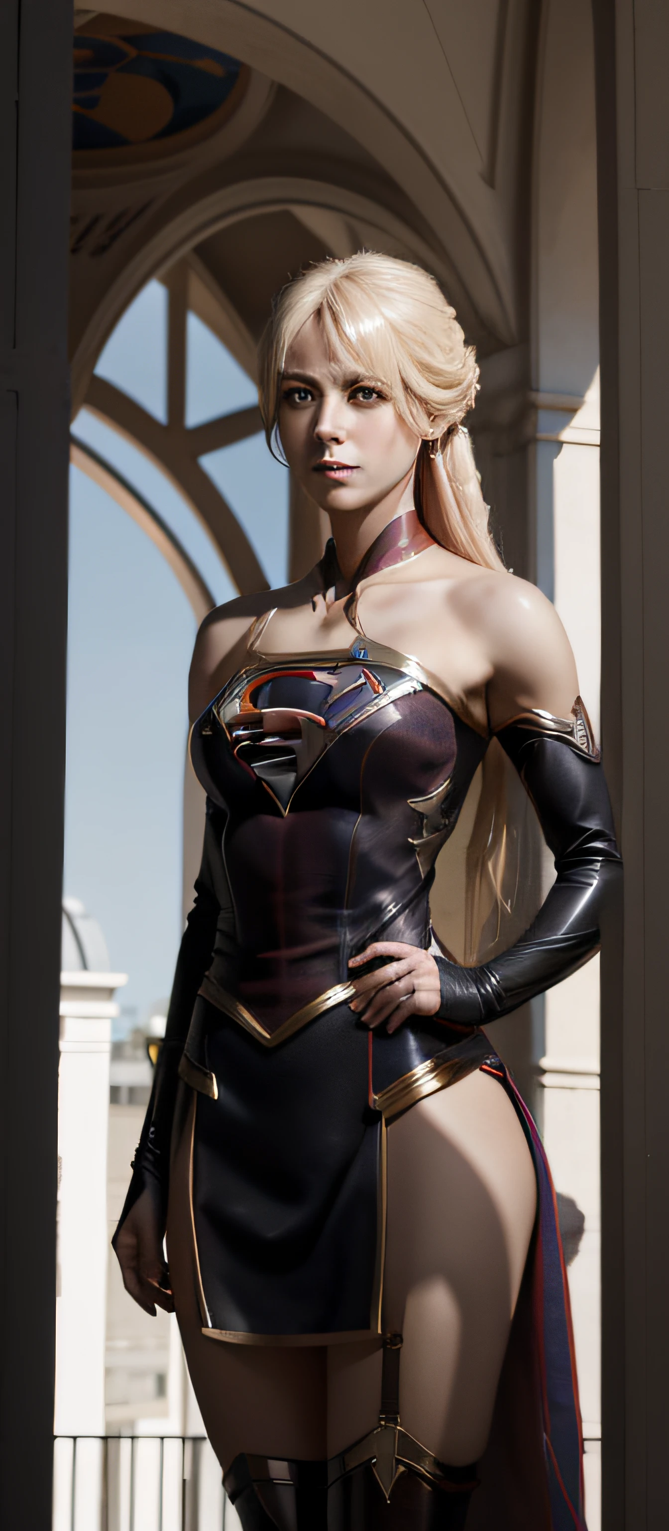 "Obra-prima de arte da Supergirl completa, alta qualidade, ultra detalhado em 4k, 8k, alta resolução, foto hiper-realista, hiperdetalhada, textura realista da pele negra, incredible shadows, textura extremamente detalhada, perfect  lighting, High-level image quality." A female superheroine, inspired by x-man, Fair skin, blond hair, olhos azuis delineados, rosto delineado, bracelete, Full body, Nice super hero clothes, in the florest, outside a mansion,  superman symbol S.