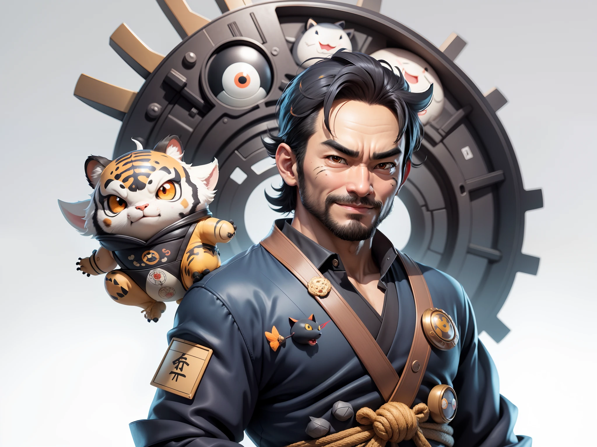 (Daisaku),(Need),(Super meticulous),(full bodyesbian:1.2),Super young man with Japanese geisha,Beautiful,orient,one tiger,Aeolian Thor,Raised sexy,爆乳,Oriental face,TV Anchor,Bust portrait illustration,In black suit,a blue tie,The face is slightly chubby,The face was clean,without a beard,Black super short hair,Black eyes,Smile confidently,3C computer sub-products,iPad, iphone,Digital painting,3D character design by Mark Clairen and Pixar and Hayao Miyazaki and Akira Toriyama,The illustration is a high-definition illustration in 4K resolution,With very detailed facial features and cartoon-style visuals。