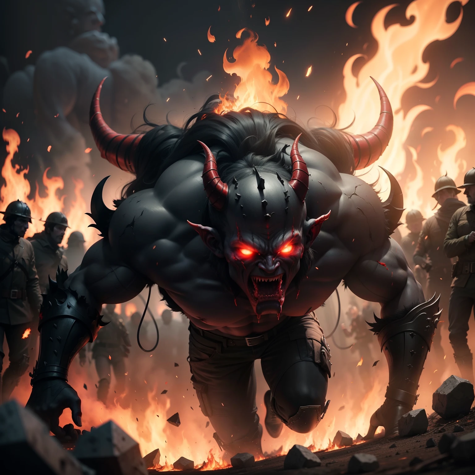 Devil in Hell with an army of demons surrounding a hyper realistic fire dynamic shot
