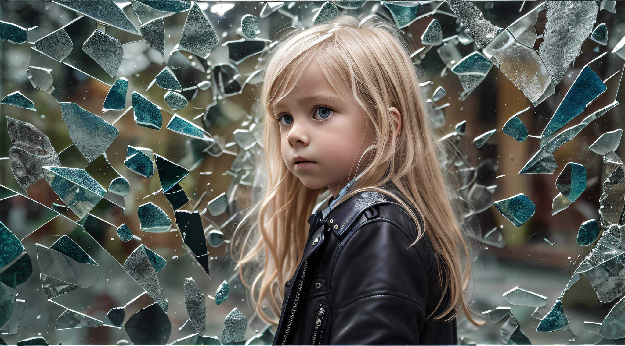 GIRL Russian  with 10 yende long hair, closeup, in a black leather jacket, a closeup of a broken glass window with a black background, shattered glass, broken glass, broken glass ( (sun rays) ), glass breaking, vivid broken glass, a million shards of broken glass, photo of broken glass, shards of glass strewn about,  shards of glass, broken, cracked glass, sharp glass shards, composition of broken mirrors, broken mirror