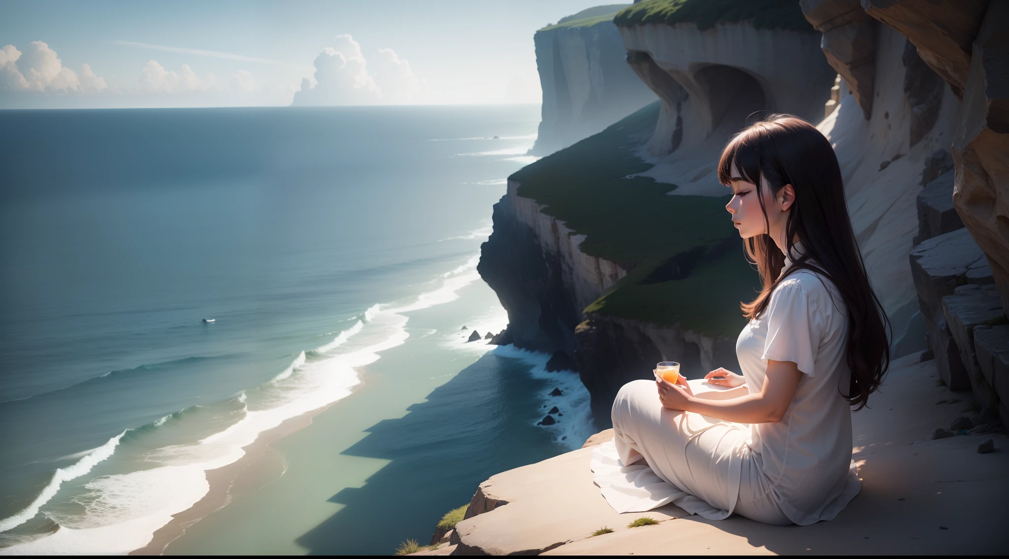 A woman sitting peacefully in meditation on a cliff over the ocean