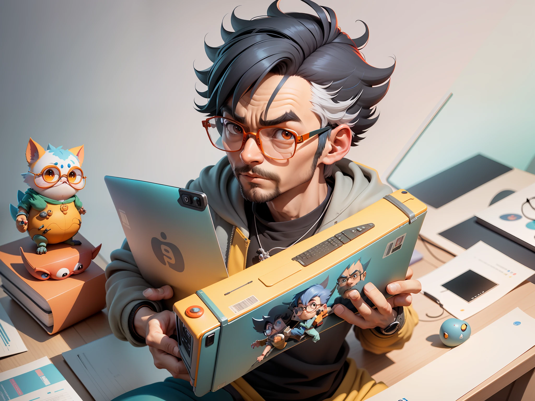 A young man with glasses sits at his desk,holding laptop,digitial painting,3D character design by Mark Clairen and Pixar and Hayao Miyazaki and Akira Toriyama,4K HD illustration,Very detailed facial features and cartoon-style visuals。