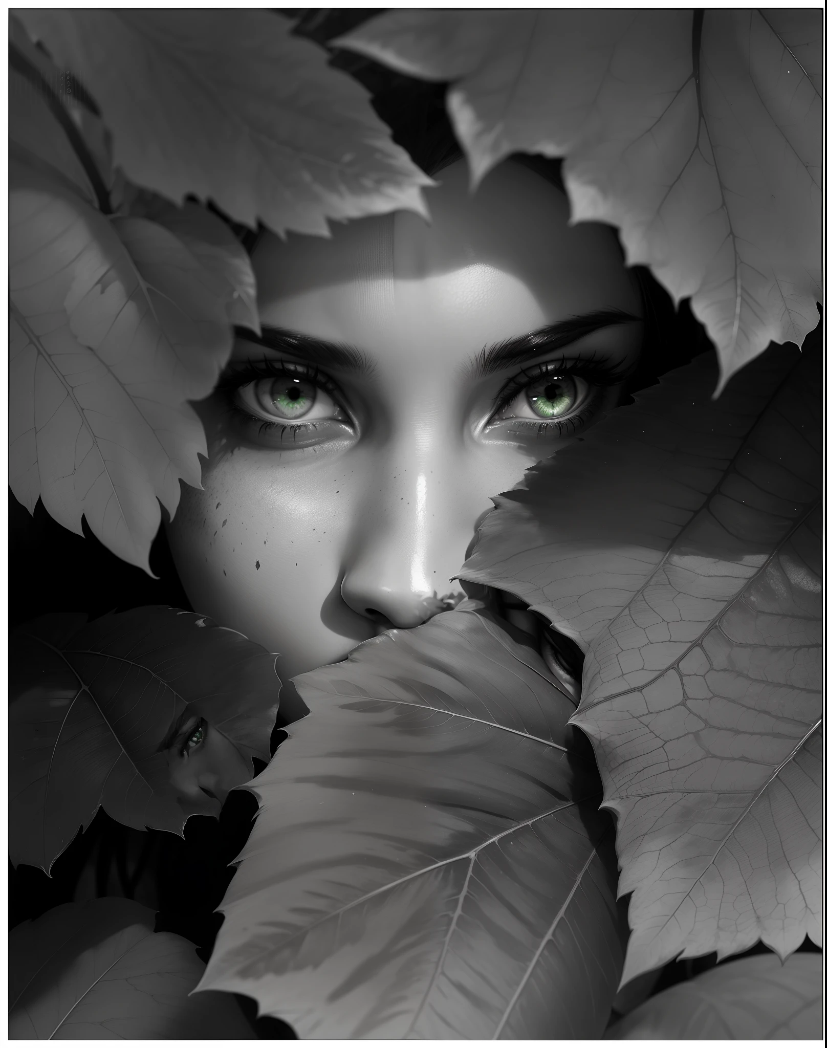 arafed woman with vibrant green leaves covering her face but not the vibrant green eyes, mysterious portrait, fotografia blanco y negro, eyes in the trees, centered portrait, amongst foliage, catchlight in the eyes, portrait black and white, sheltering under a leaf, hiding, just eyes, I see you, inspired by Tina Modotti, looking at you, !!natural beauty!!, mysterious woman