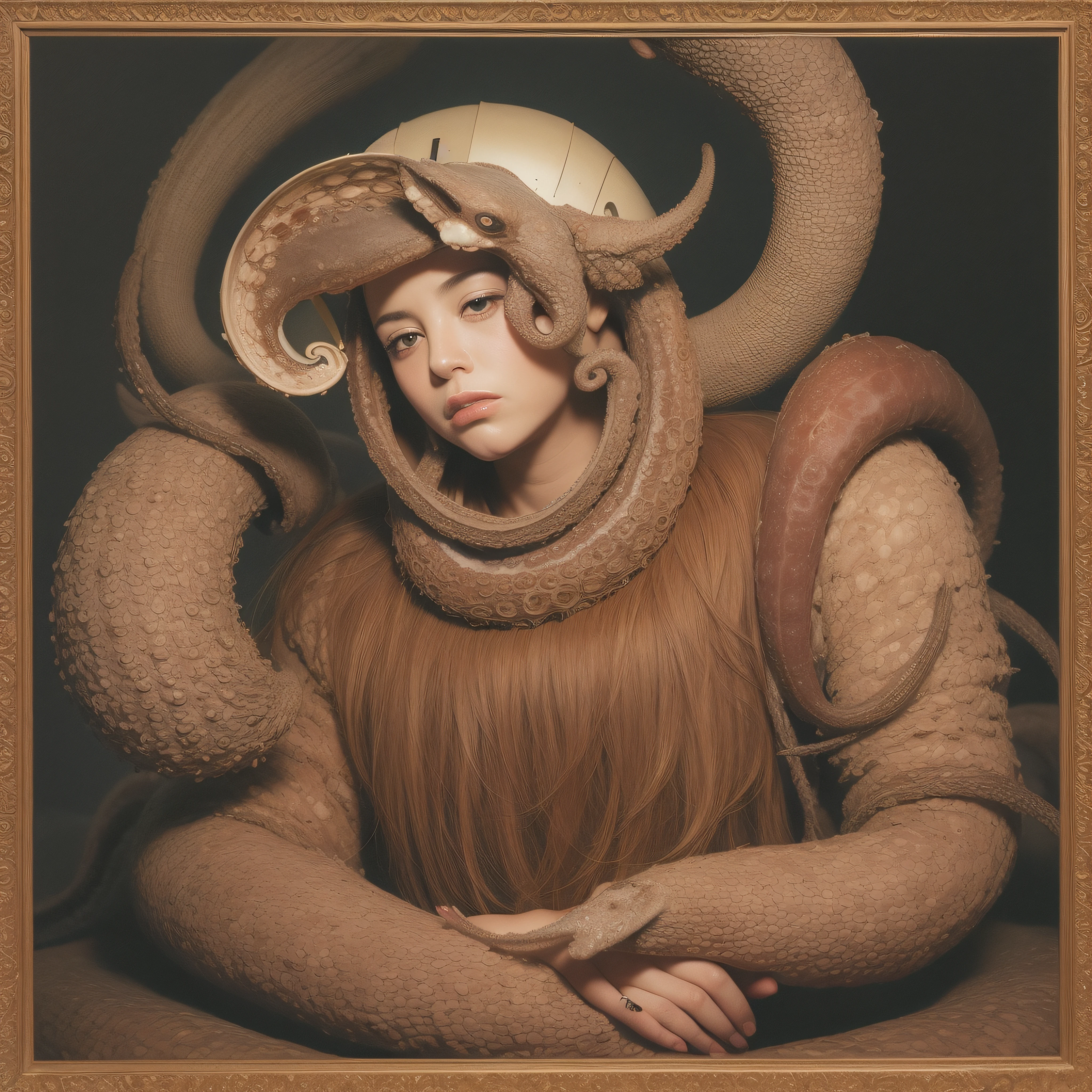 (extremadamente detallado, obra maestra, La mejor calidad), Estilo oscuro, intense illumination. templario. armadura medieval, rostro con arrugas, lengua larga, tentacle, deforme, imagen submarina, pico de pulpo amenazante. manchas de tinta. Rococo composition. Luz de caravaggio