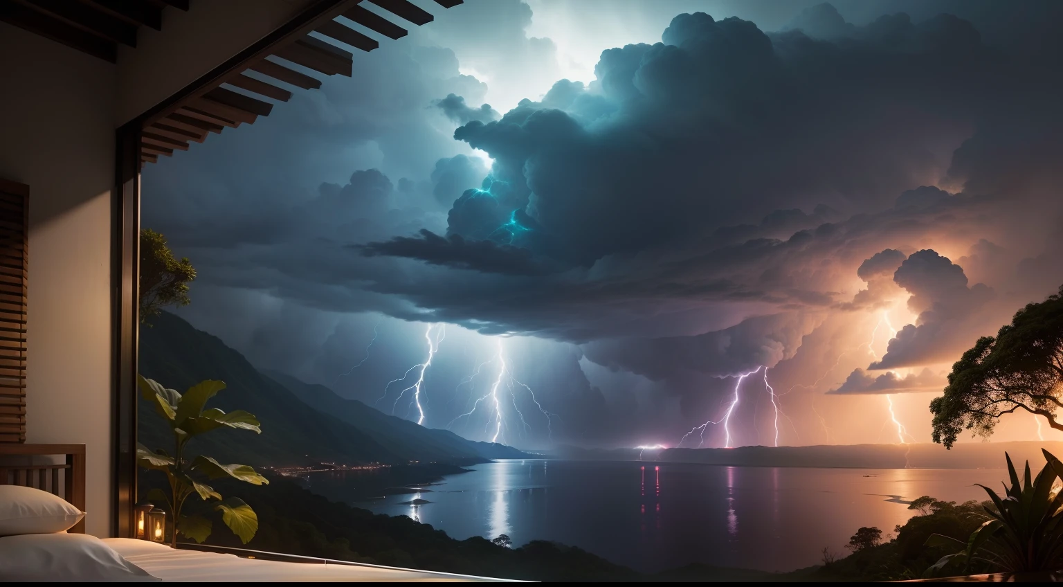 tempestade na floresta, Lightning and thunder, uma cabana com um lago em volta, gotas de chuva caindo