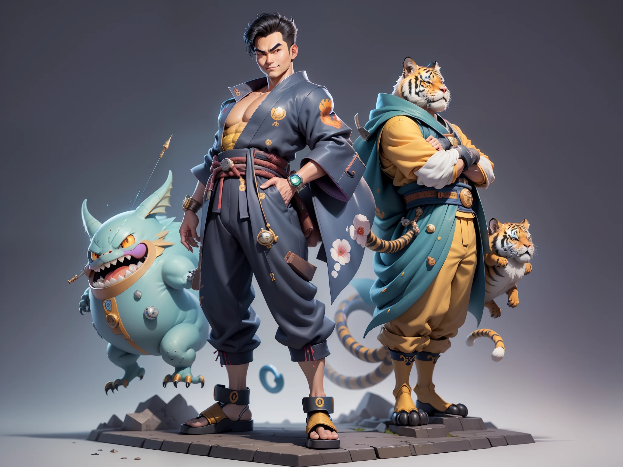 (Masterpiece), (Excellent), (Super Meticulous), (Full Body: 1.2), Super Young Man, Oriental Face, Japanese Kimono, Japanese Wind Thunder God, Dragon, Tiger, TV Anchor, Bust Portrait Illustration, Alone, Black Suit, Blue Tie, Slightly Chubby Face, Very Clean Face, No Beard, Black Super Short Hair, Black Eyes, Confident Smile, 3c Computer Sub-Products, iPad, iPhone, Digital Painting, 3D Character Design by Akira Toriyama and Mark Claireden and Pixar and Hayao Miyazaki, The illustration is a high-definition illustration in 4K resolution with very detailed facial features and cartoon-style visuals.