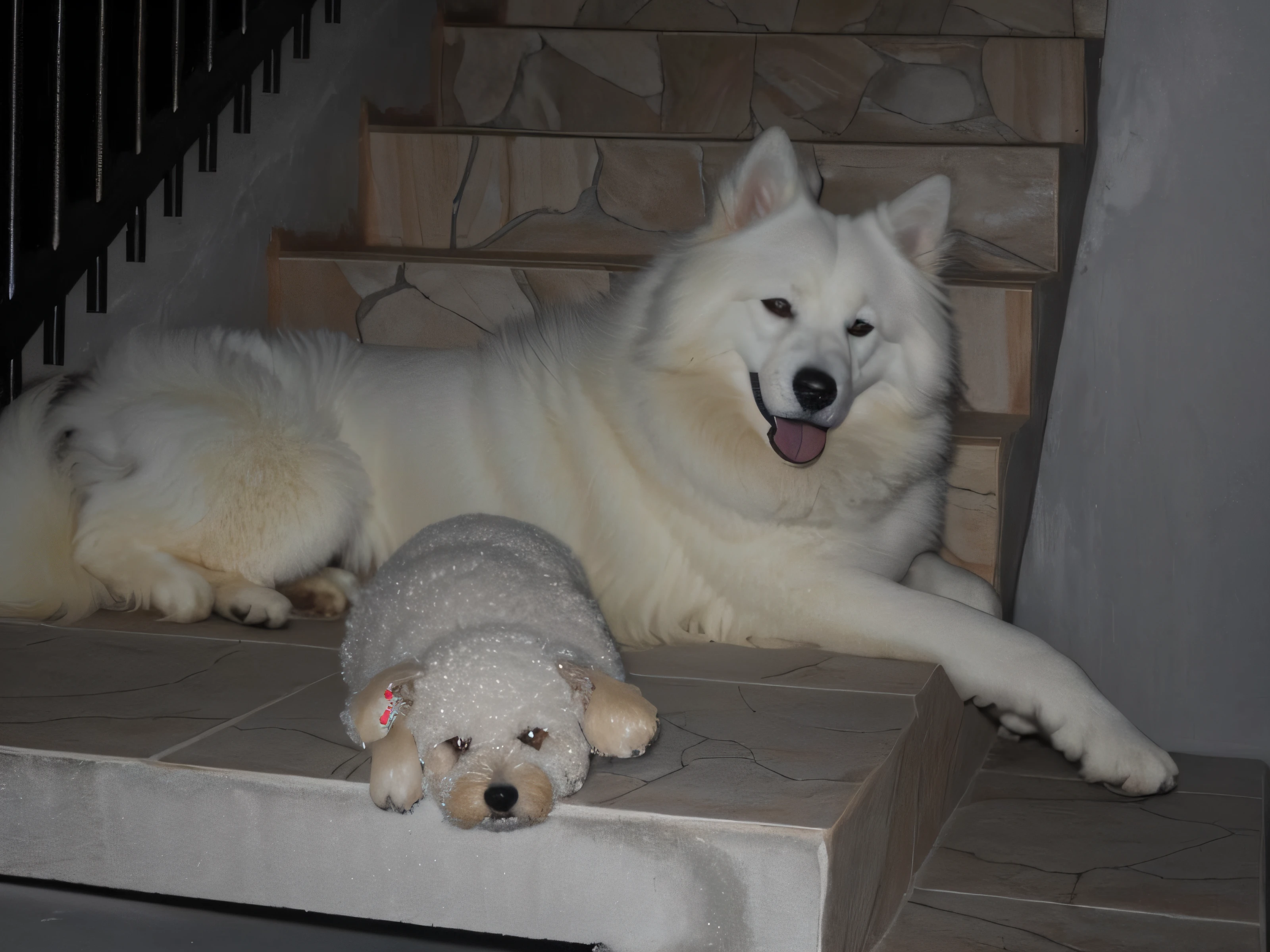 (((obra-prima))), ((melhor qualidade)), ((ultra-detalhado)), (CG illustration), There are two dogs that are lying on the stairs, both smiling for the camera, Ayanamikodon e Irakli Nadar, Samoied Dog, Two dogs, Scandy e Arender, Preto e branco, posing like a statue, Tomado com uma Pentax K1000, livro, dogs, pelo branco e pele escura