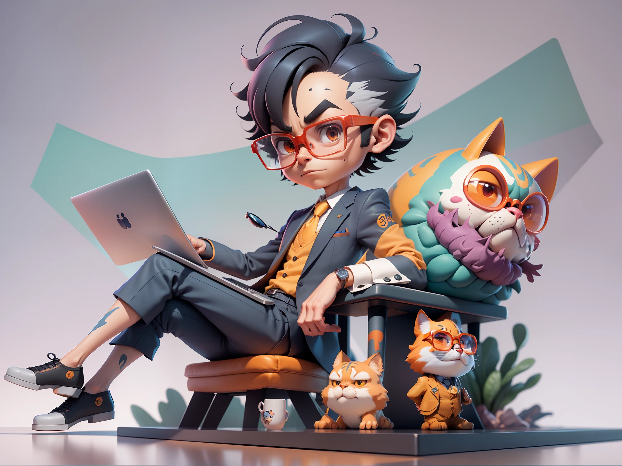 A young man in a suit, Short hair and glasses sat at his desk,holding laptop,digitial painting,tigre,3D character design by Mark Clairen and Pixar and Hayao Miyazaki and Akira Toriyama,4K HD illustration,Very detailed facial features and cartoon-style visuals。
