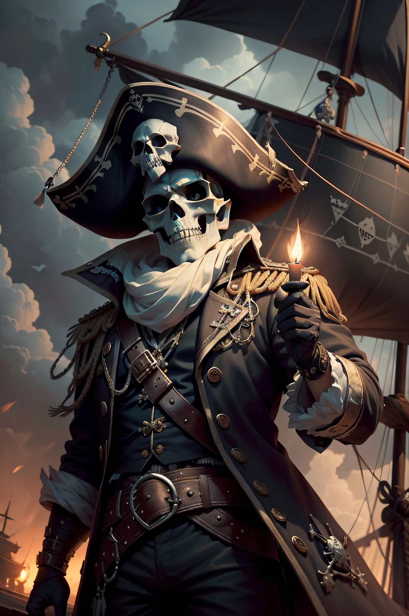 generate an image of Skull dressed as a captain, with gain in the left hand on a dark and stormy pirate ship, Sussurrando, The environment should exude elegance and charm, with soft lighting and intricate details,