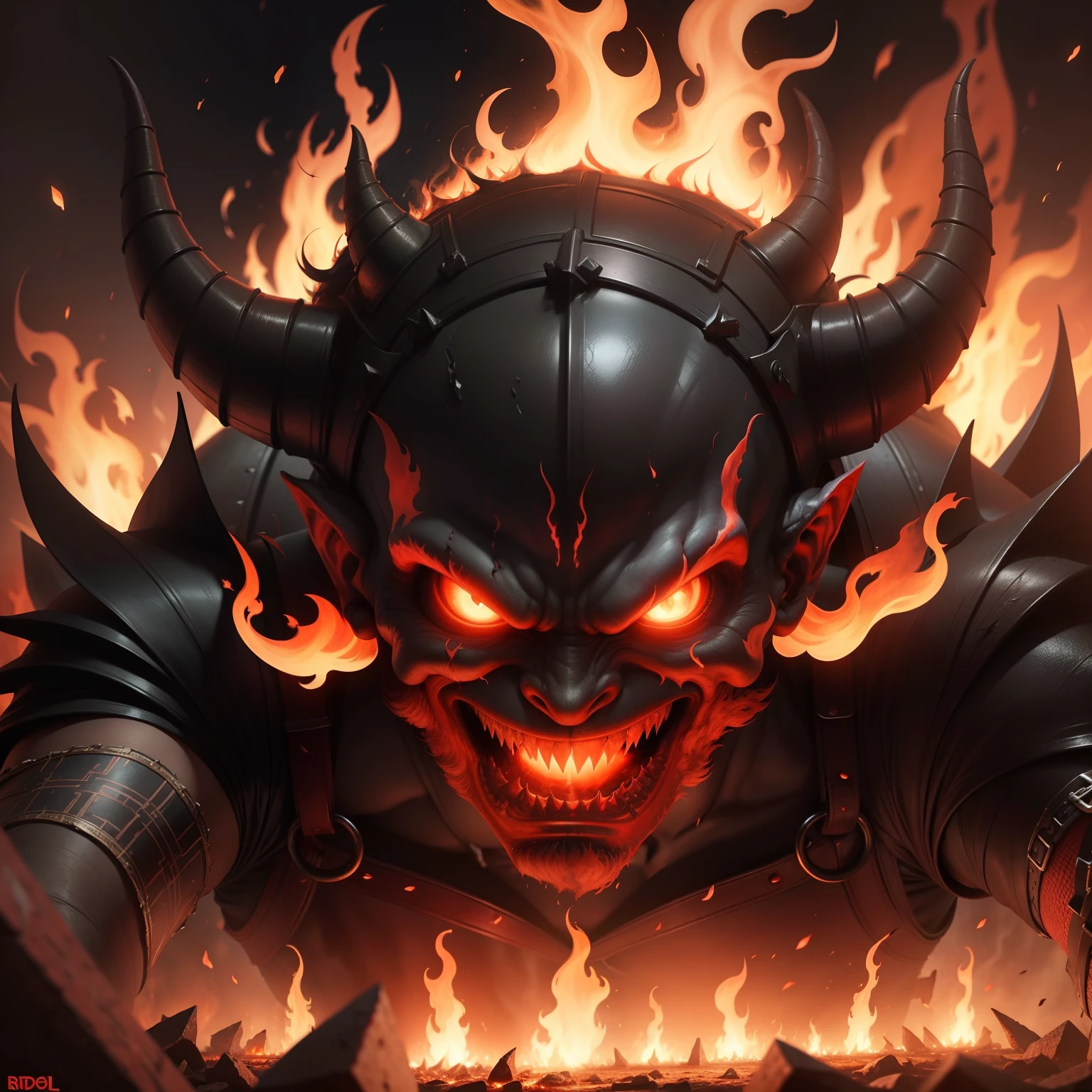 Devil in Hell with an army of demons surrounding a hyper realistic fiery fire three points perspective