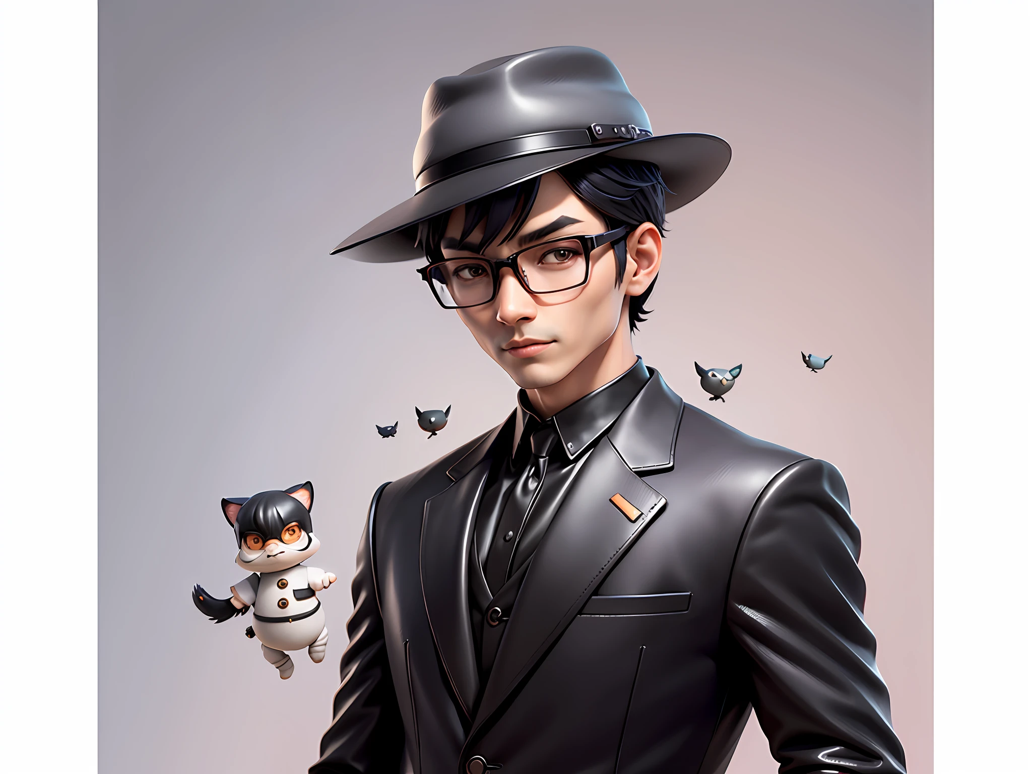 Young man with oriental face in leather hat, tiger, oriental face in formal suit, short black hair, silver glasses, digital painting, 3D character design by Mark Clairedon and Pixar and Hayao Miyazaki and Akira Toriyama, the illustration is a high-definition illustration in 4K resolution with very detailed facial features and cartoon-style visuals.