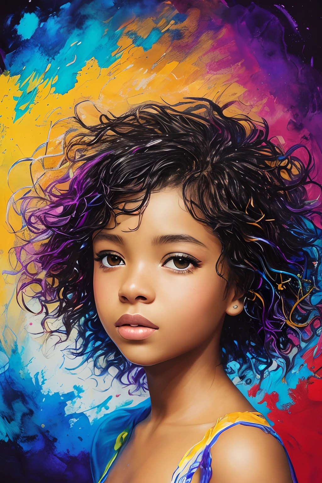 Colorful beautiful girl: a black African 8-years old, messy hair, oil painting, nice perfect face with soft skinice perfect face, blue yellow colors, light purple and violet additions, light red additions, intricate detail, splash screen, 8k resolution, masterpiece, cute face,artstation digital painting smooth veryBlack ink flow: 8k resolution photorealistic masterpiece: intricately detailed fluid gouache painting: by Jean Baptiste Mongue: calligraphy: acrylic: watercolor art, professional photography, natural lighting, volumetric lighting maximalist photoillustration: by marton bobzert:, complex, elegant, expansive, fantastical, wavy hair, vibrant