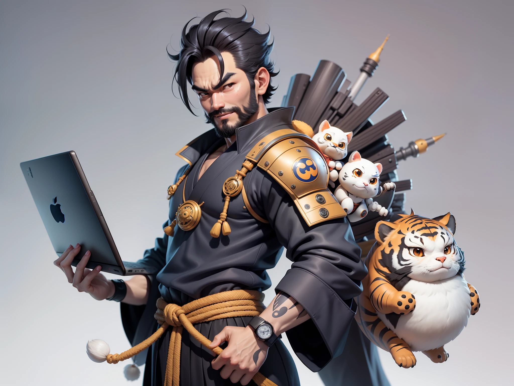 (Daisaku),(Need),(Super meticulous),(full bodyesbian:1.2),Super young man with Japanese geisha，Beautiful，orient，one tiger，Aeolian Thor，Raised sexy，爆乳，Oriental face，TV Anchor，Bust portrait illustration，In black suit，a blue tie，The face is slightly chubby，The face was clean，without a beard，Black super short hair，Black eyes，Smile confidently，3C computer sub-products，iPad， iphone，Digital painting，3D character design by Mark Clairen and Pixar and Hayao Miyazaki and Akira Toriyama，The illustration is a high-definition illustration in 4K resolution，With very detailed facial features and cartoon-style visuals。