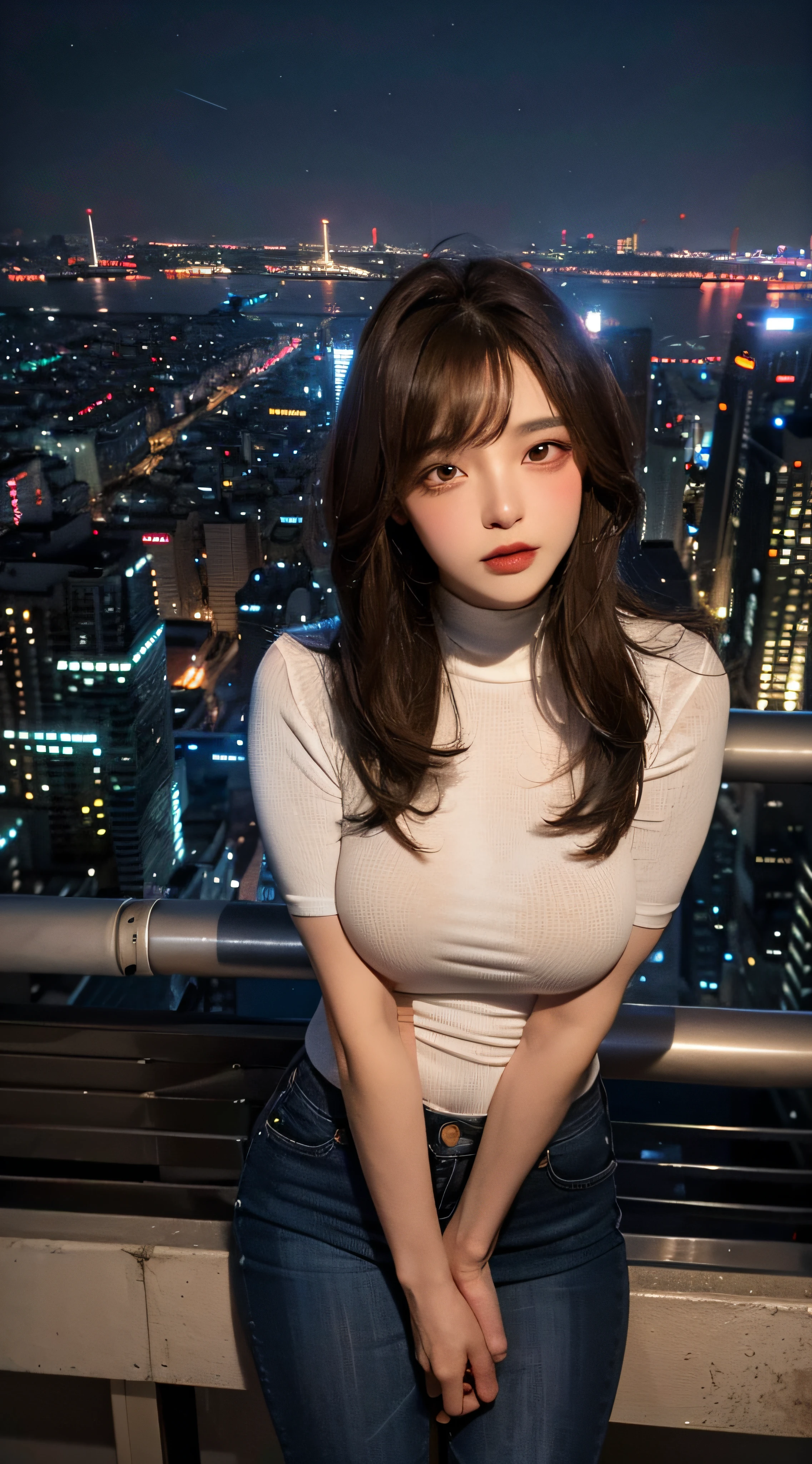 ultra high res, (photorealistic:1.4), raw photo,((Midnight, Best quality, 8k, Masterpiece :1.3)), Whole body, Long legs, Sharp focus :1.2, A pretty woman with perfect figure :1.4, Slender abs :1.1, ((Dark brown hair,Gigantic breasts :1.2)), (White tight tshirt, Jean bib, Standing:1.2), ((Night city view, Rooftop:1.3)), Highly detailed face and skin texture, Detailed eyes, Double eyelid