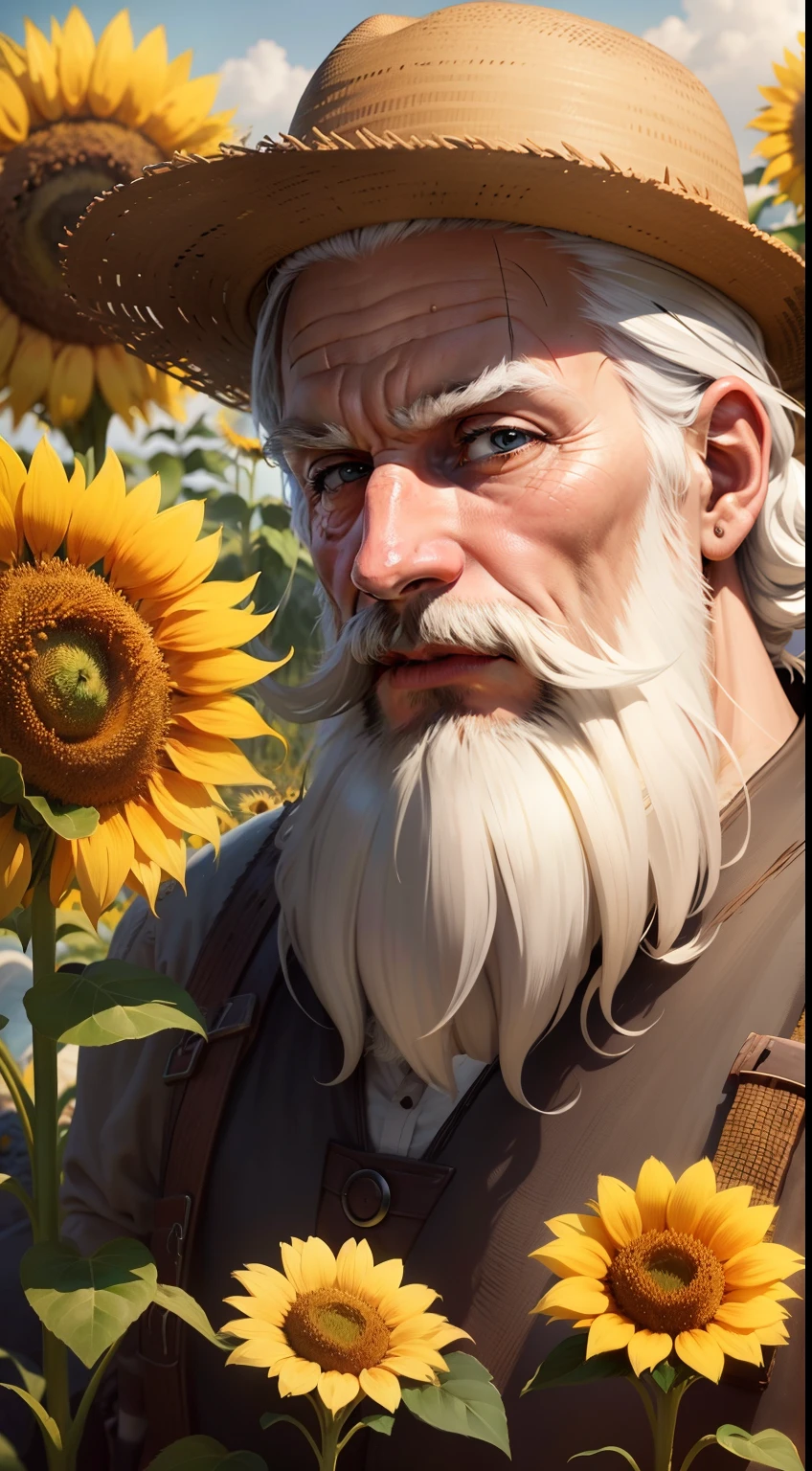 An old farmer with beards and white hair in the middle of a sunflower plantation, Toppling the earth with your hands, enquanto as flores amarelas e vibrantes crescem ao seu redor.