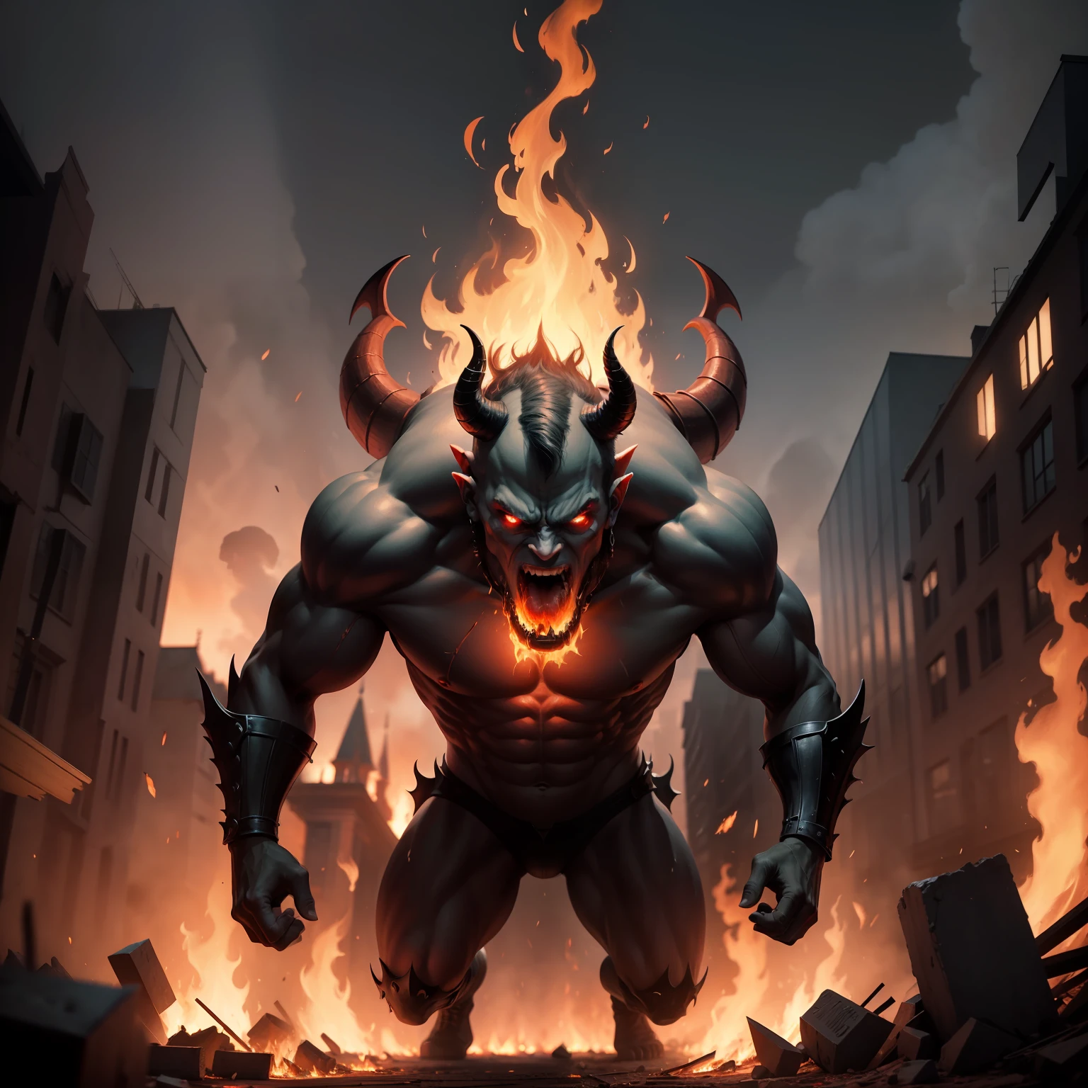 Devil in Hell with an army of demons surrounding a hyper realistic fire three points perspective dynamic shot
