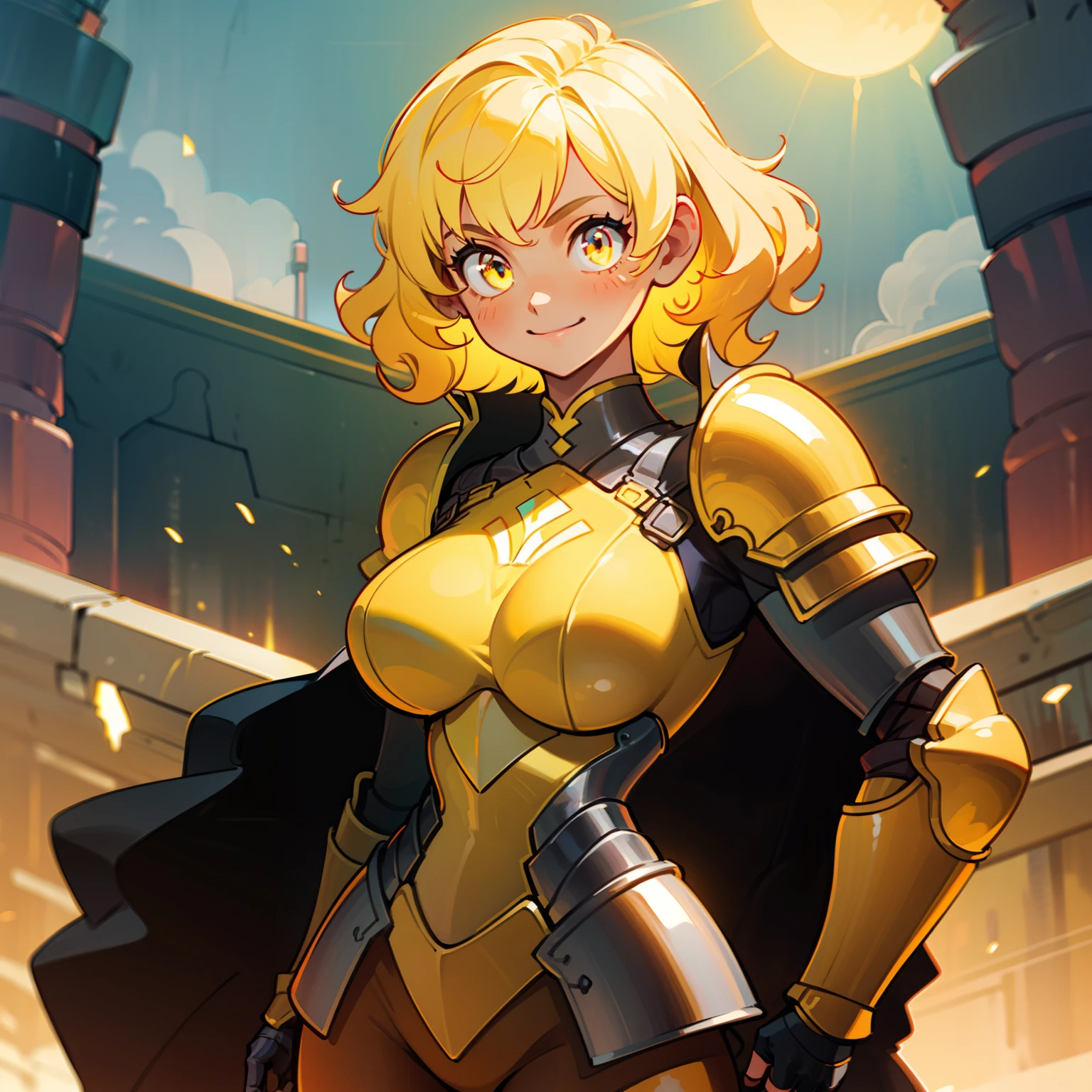 (1 girl), (solo), short yellow neon hair, wavy yellow neon hair, shine golden eyes, strong build, athletic body, big breasts, (high quality), (hd), (very detailed), curly hair, broad shoulders, wide waist, slightly chubby, yellow armor, gold armor, sun details on armor, full armor, smile, powerfull, armor leggings