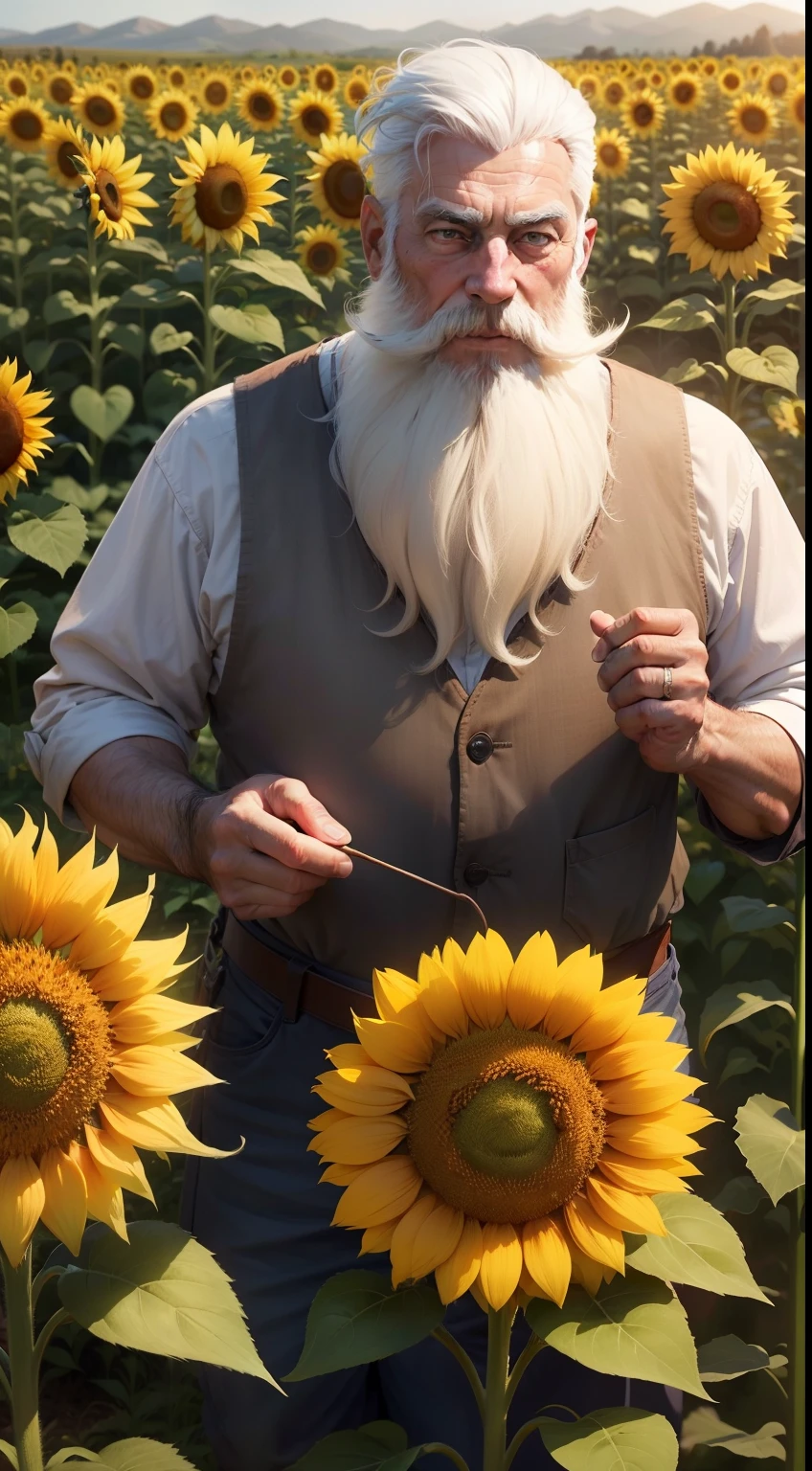 An old farmer with beards and white hair in the middle of a sunflower plantation, Toppling the earth with your hands, enquanto as flores amarelas e vibrantes crescem ao seu redor.
