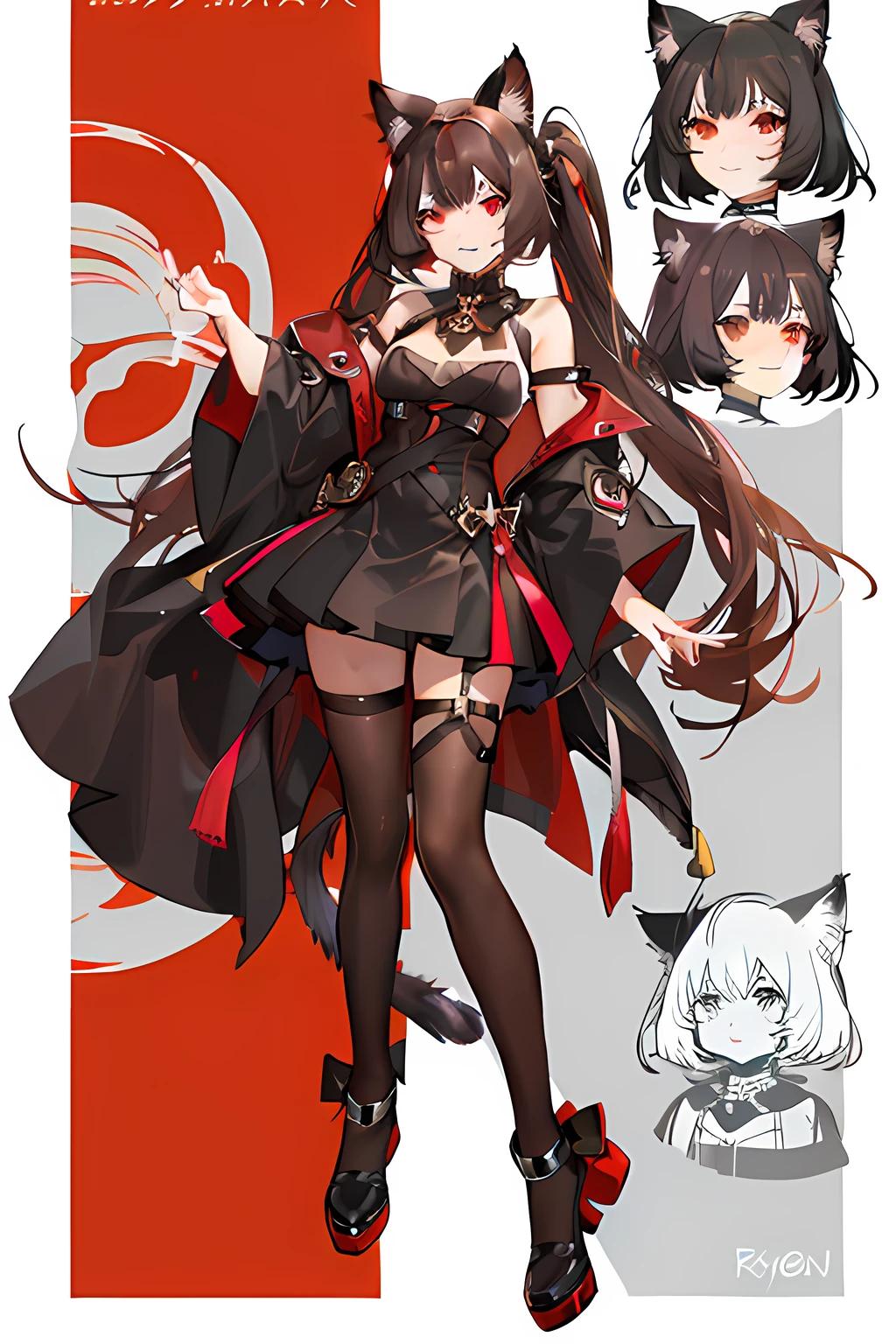 ahoge, colored inner hair, blunt bangs, side ponytail, shiny hair, gradient eyes, slit pupils, red eyes, cat ears, kemonomimi mode, expressionless, brown hair, reference sheet, rococo style, high detail, anatomically correct, super detail