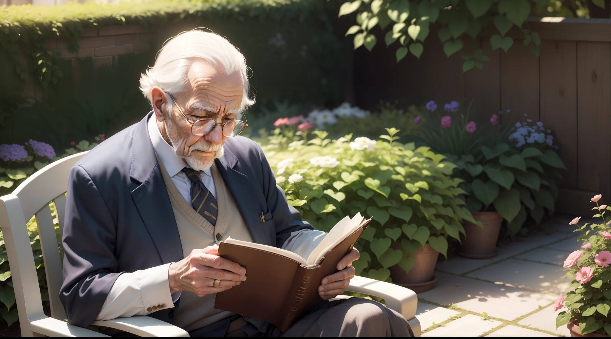 An elderly man peacefully reading a book in a sunny garden