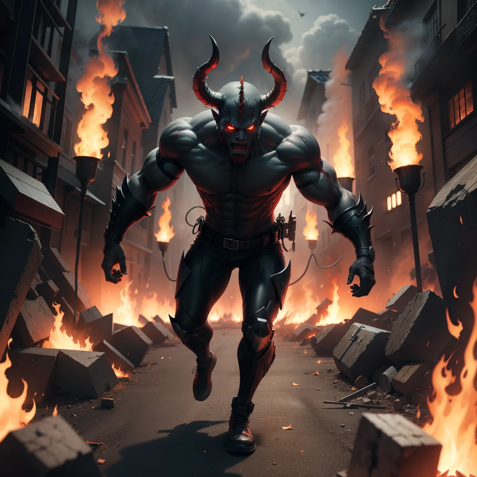Devil in Hell with an army of demons surrounding a hyper realistic fire three points perspective dynamic shot