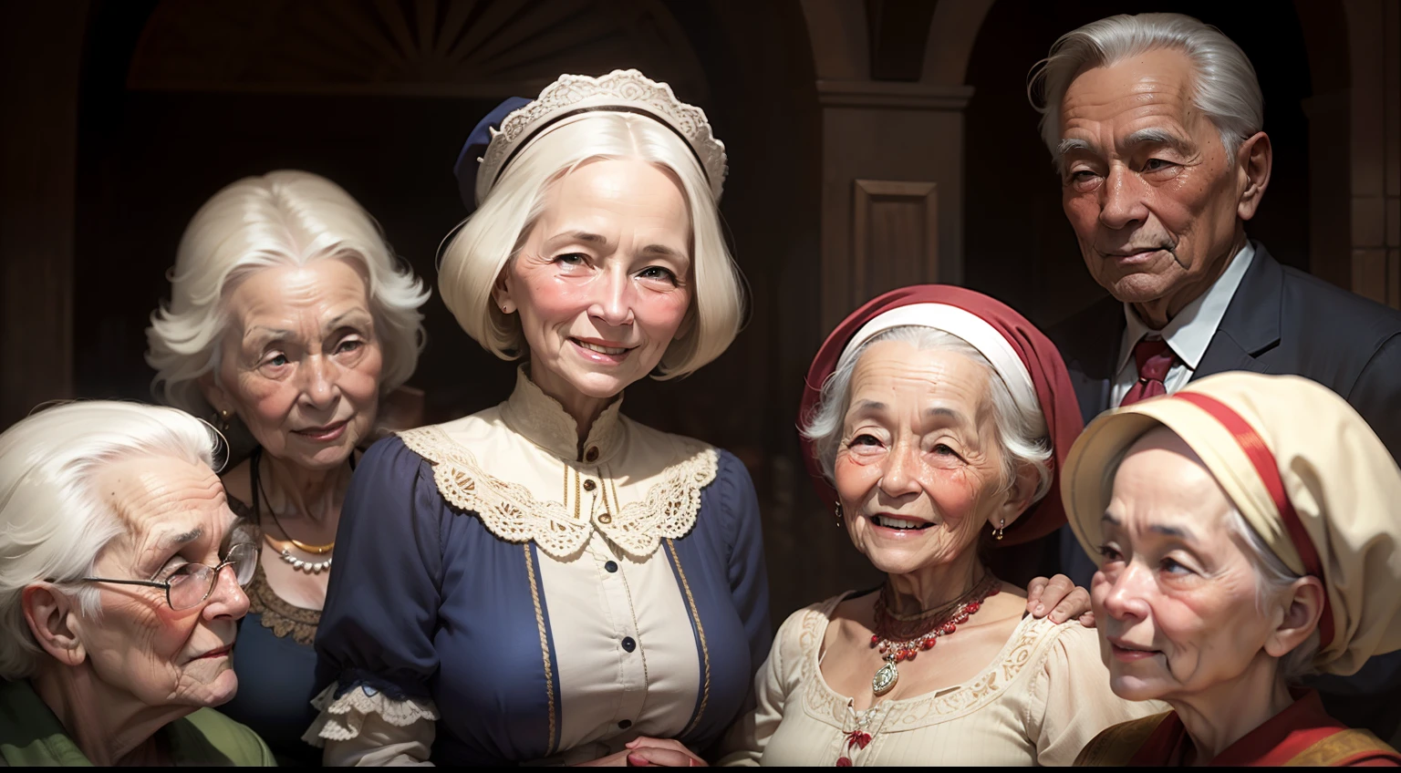 An old woman smiling serenely surrounded by generations of family