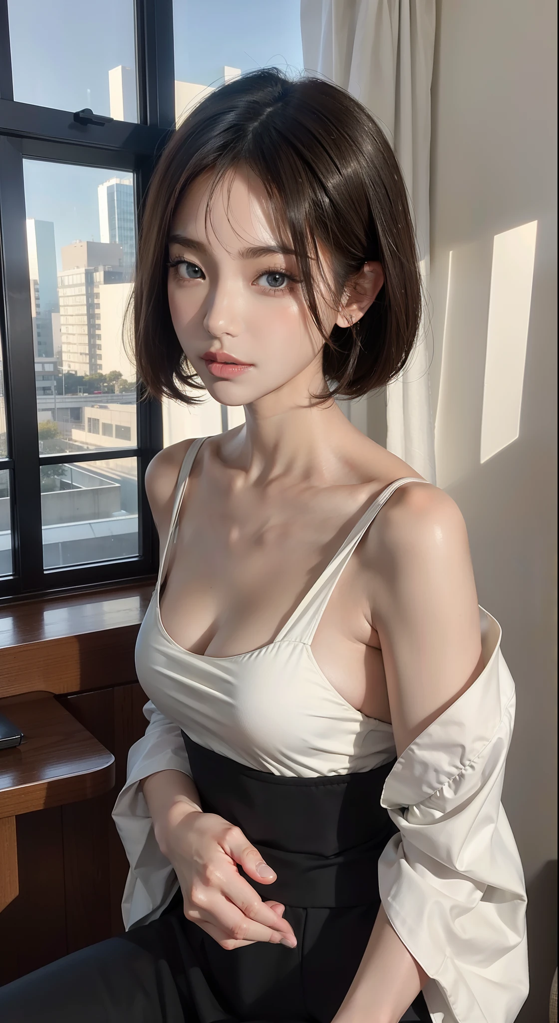 Masterpiece, 1 beautiful girl, detailed eyes, swollen eyes, top quality, super high res, (Reality: 1.4), cinematic lighting, Japanese, Asian beauty, Korean, very beautiful, beautiful skin, slender, body facing forward, (super realistic), (high res), (8K), (very detailed), ( Best Illustration), (beautifully detailed eyes), (super detailed), (wallpaper), detailed face, bright lighting, professional lighting, looking at viewer, facing straight ahead, neat clothes, short hair, black hair, pureerosfaceace_v1, 46 point slanted bangs, hotel room with morning sun in the background, window The background is a hotel room with the morning sun shining through the window, a clear ocean outside, and an angle from the waist up,