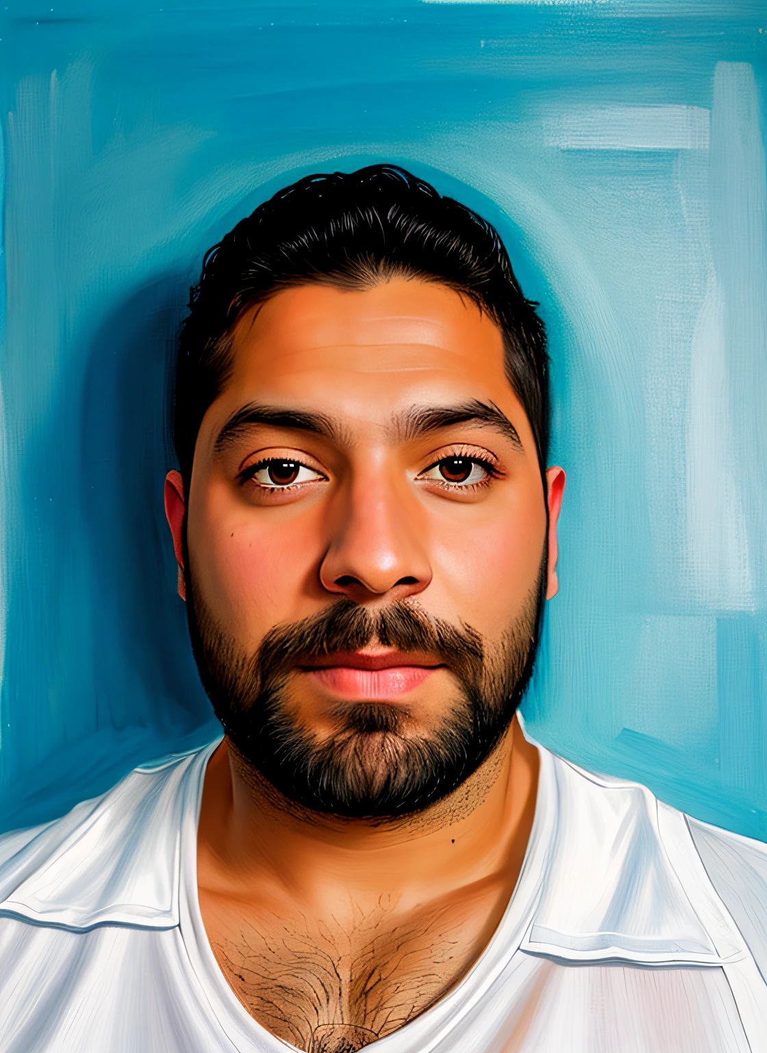 arafed man with a beard and a white shirt looking at the camera, rosto realisticamente renderizado, pintura digital realista, pintura digital ultra realista, arte digital muito realista, realistic digital illustration, rosto detalhado real, foto retrato realista, retrato digital, Pintura realista de 64 bits, retrato colorido detalhado, rosto realista detalhado, retrato de rosto detalhado realista, retrato realista da foto, estilo anime, fundo azul folhas voando.