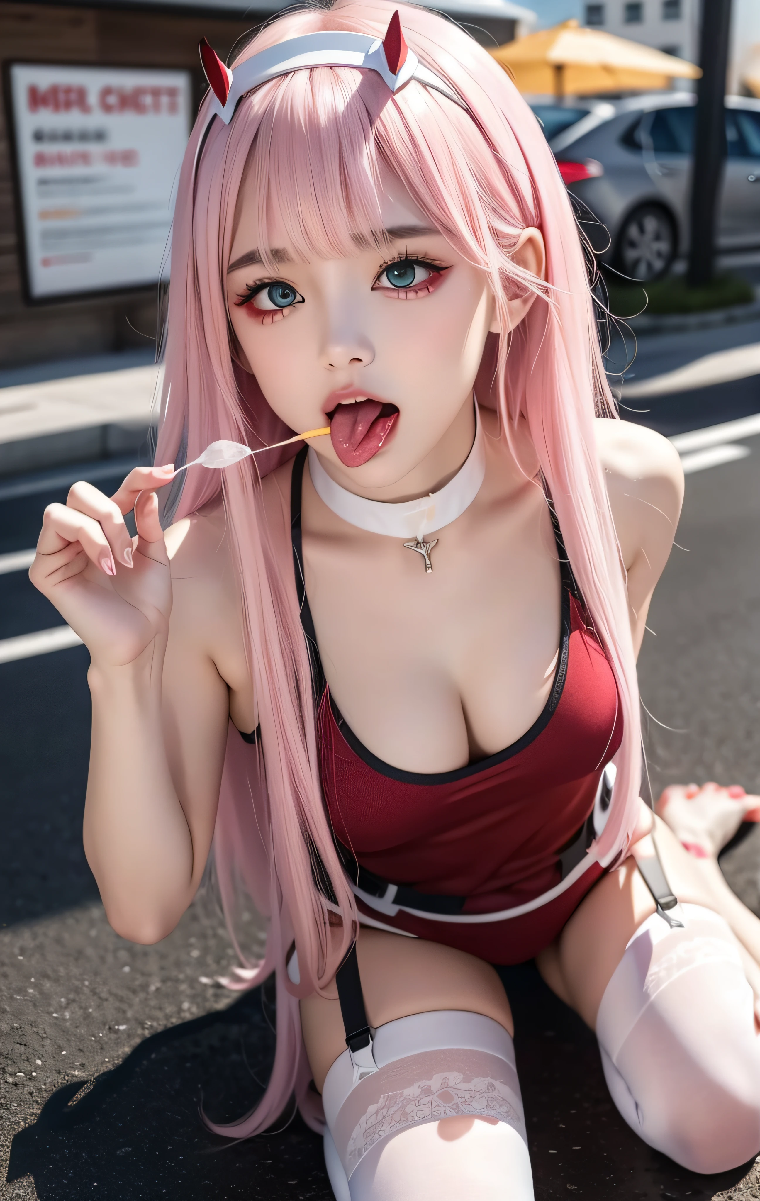 1girl, (sticking out her tongue out), (tongue), ultra high res, photorealistic, best quality, 8k resolution, masterpiece, cat ears, choker, garter belt, garter straps, latex, competitive swimsuit, tank top, close up face view, (ahegao), kneeling, oh face, Open your mouth wide, Stick out your tongue to receive, One hand in your mouth, Ecstasy, (White sperm on your face), Face up, Shoot from above, (White sperm dripping from your mouth), Tongue sticking out, (White sperm accumulation on the tongue), ecstatic look, a large amount of white sperm in the mouth, holding a very thick brown sausage in your hand, Sucking very thick brown sausage, cheeking very thick brown sausage, a large amount of white sperm from the tip of a very thick brown frankfurter, white sperm on the chest, delicate fingertips, complicated fingertips, sucking a thick brown mountain jaw to the back of the throat white sperm leaking from the gap, water discharge from the crotch, a large amount of sperm all over the body, a large amount of vaginal shot, nsfw, eyes roll back, eyes up, megumin