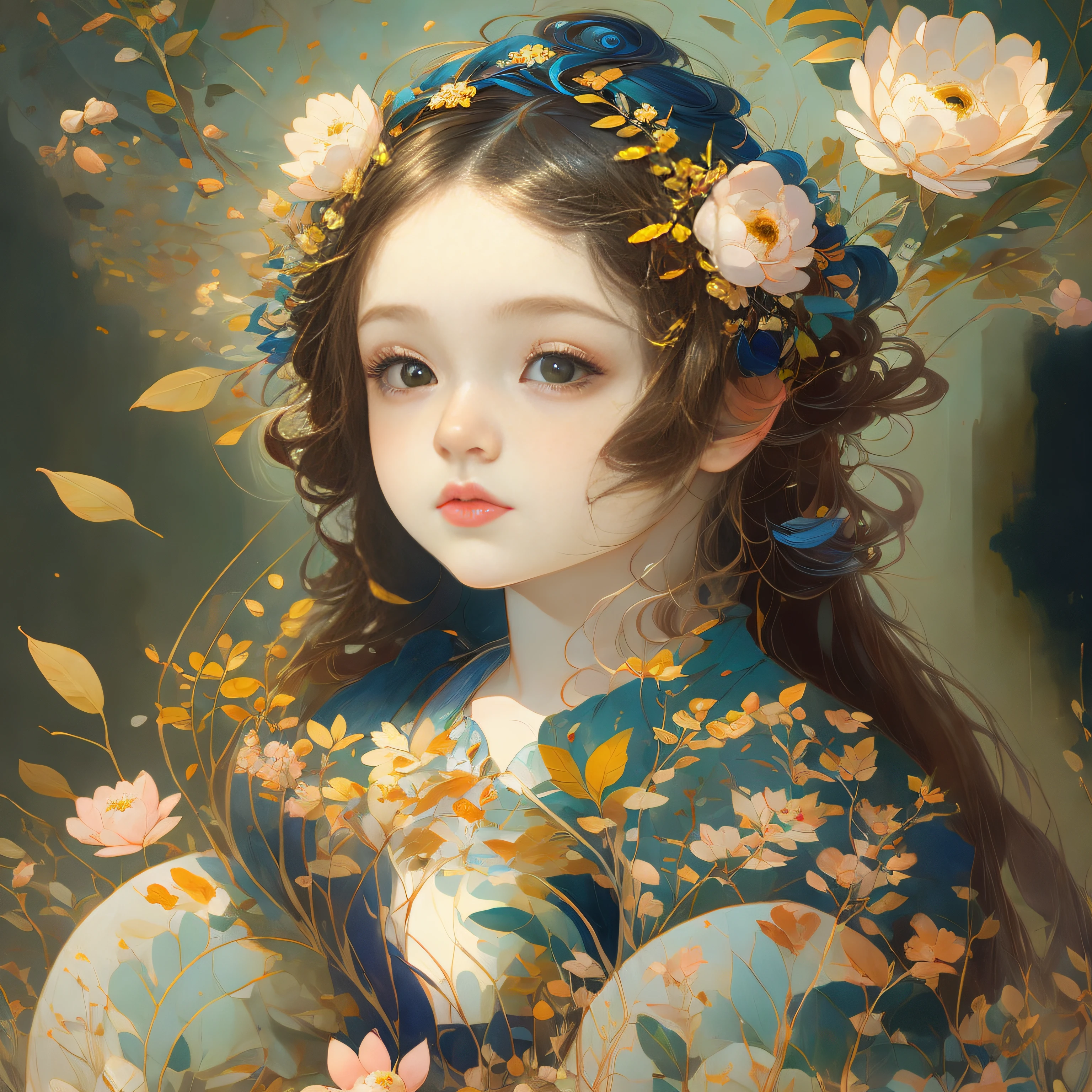 James Jane（James Jean）A painting，cute female child，Flowers and leaves are worn on the head，Leonardo da Vinci's style，tmasterpiece，Works of masters，winning artwork，Ultra-clear details，fanciful，Beautiful，8K