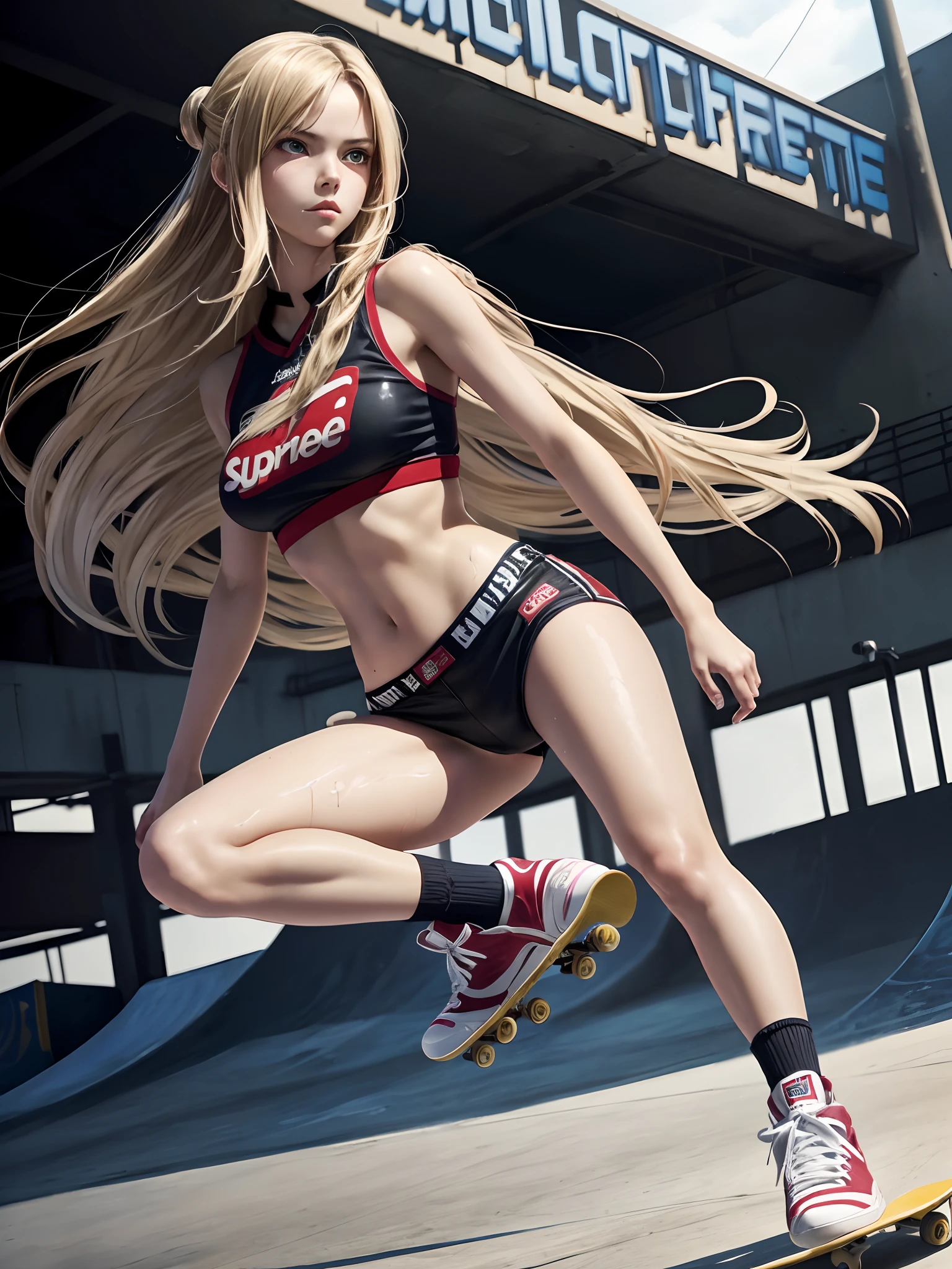 Solo, Full body,  (masutepiece,  Highest Quality, Official art, beautiful aesthetic: 1.2), (1 girl: 1.3), Long hair,  Supreme Detail,　Skateboard Uniforms,small head,Large breasts,nice legs,Wet skin,Sweat,At the skateboarding venue,Diane Mick Shot