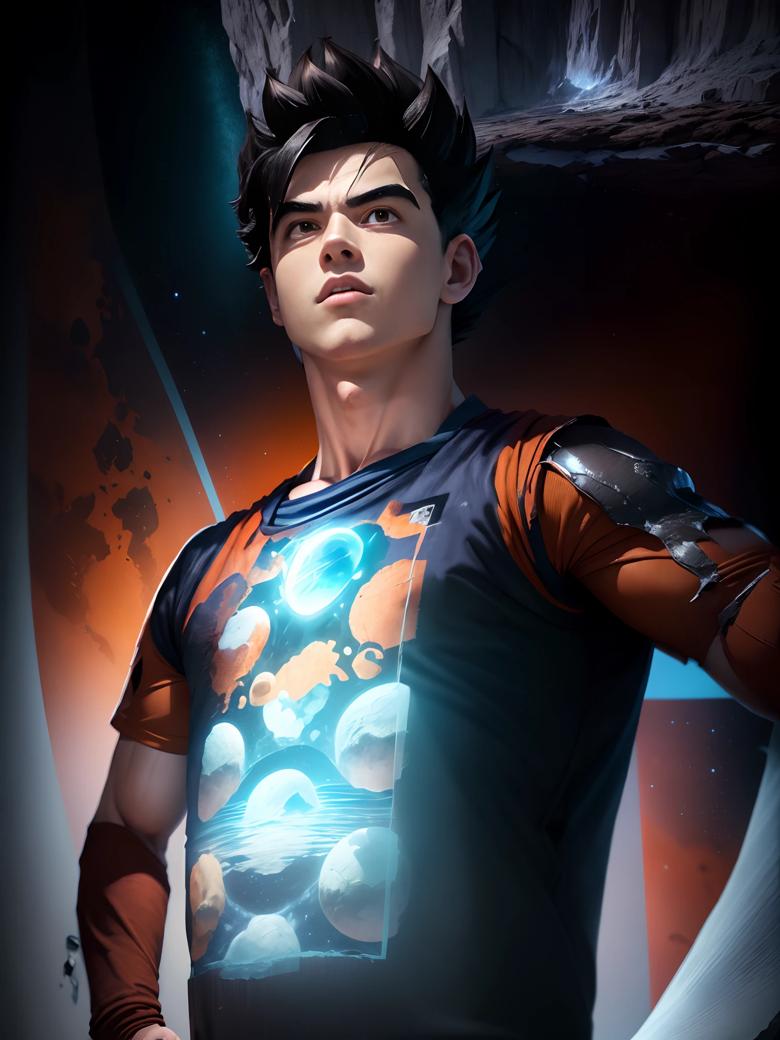 masterpiece, best quality, ultra-detailed, Adult Gohan 1boy, solo, Full body, black hair, brown eyes, dougi, full body, looking at camera, male focus, earth \(planet\), planet, space, cracked ground and rocks rising up, rubble rising,